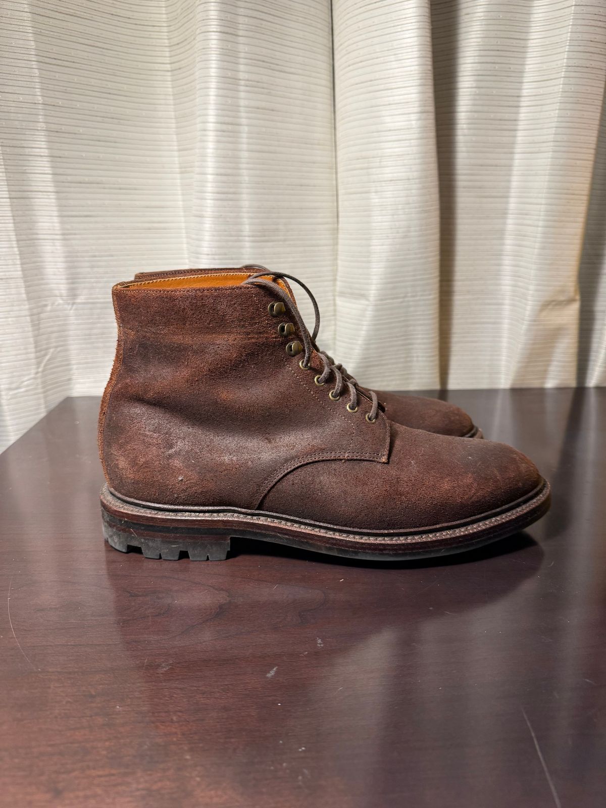 Photo by jingersoll on February 5, 2026 of the Grant Stone Edward Boot in C.F. Stead Dark Oak Roughout.