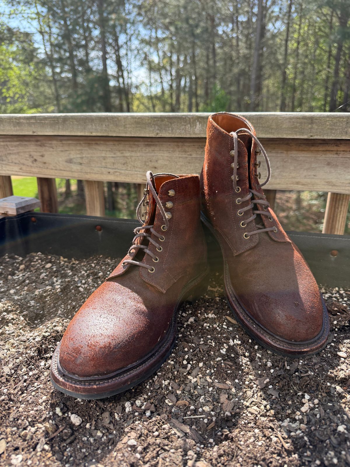 Photo by jingersoll on April 4, 2026 of the Grant Stone Edward Boot in C.F. Stead Dark Oak Roughout.