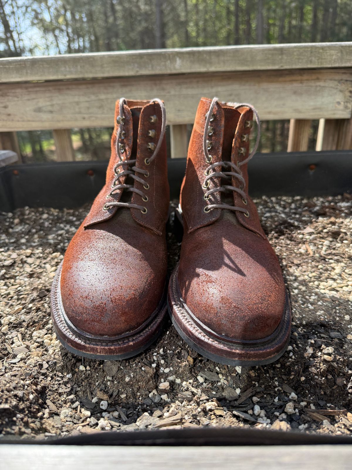 Photo by jingersoll on April 4, 2026 of the Grant Stone Edward Boot in C.F. Stead Dark Oak Roughout.