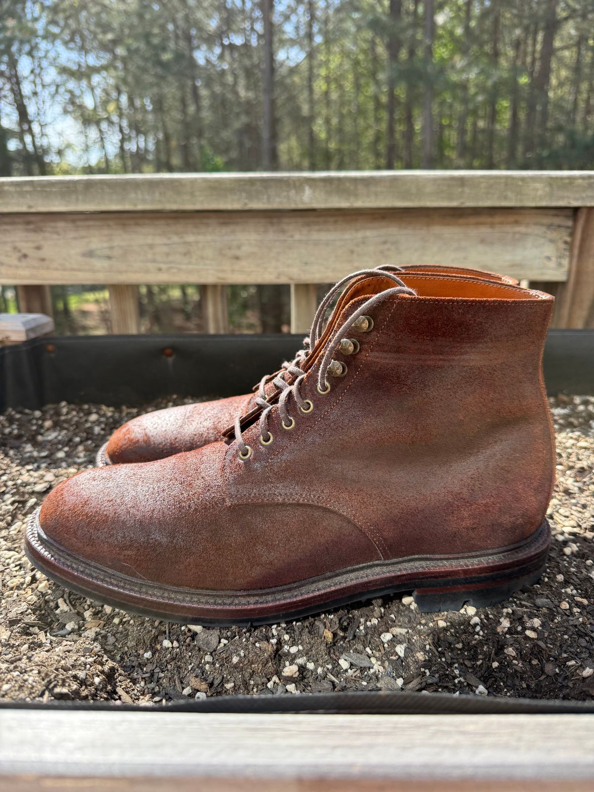Photo by jingersoll on April 4, 2026 of the Grant Stone Edward Boot in C.F. Stead Dark Oak Roughout.