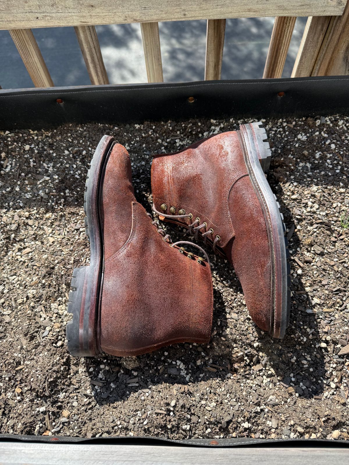 Photo by jingersoll on April 4, 2026 of the Grant Stone Edward Boot in C.F. Stead Dark Oak Roughout.