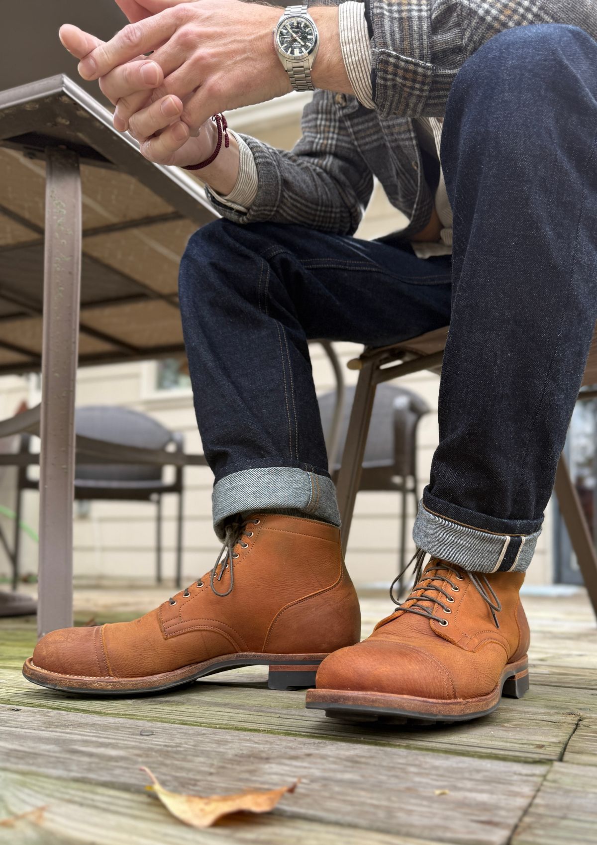 Photo by blinkofani on November 2, 2025 of the Viberg Service Boot BCT in C.F. Stead Nutmeg Waxed Kudu.