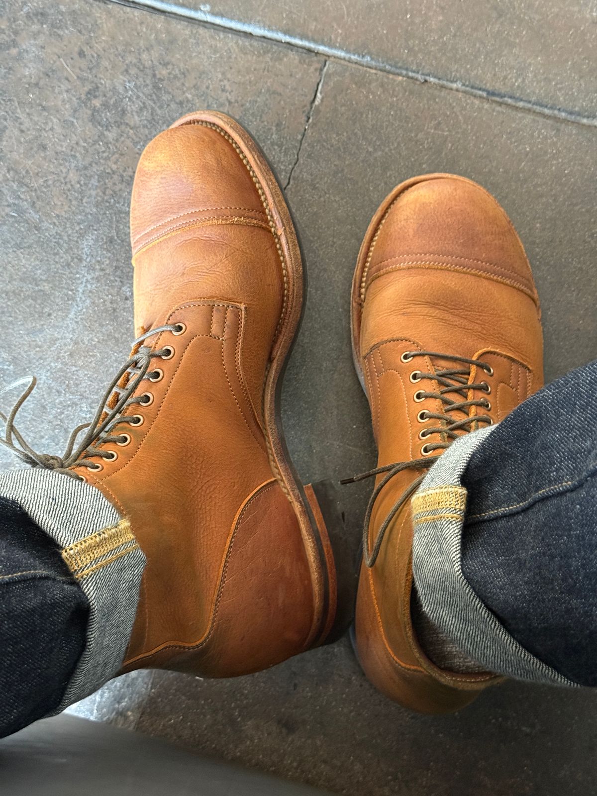 Photo by blinkofani on March 4, 2026 of the Viberg Service Boot BCT in C.F. Stead Nutmeg Waxed Kudu.