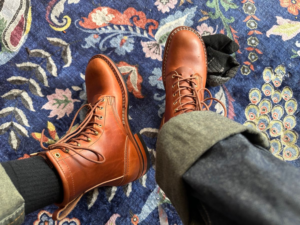 Photo by Braddahboots on September 4, 2025 of the Nicks Handmade Boots Nicks MTO in Wickett & Craig Natural Double Stuffed.