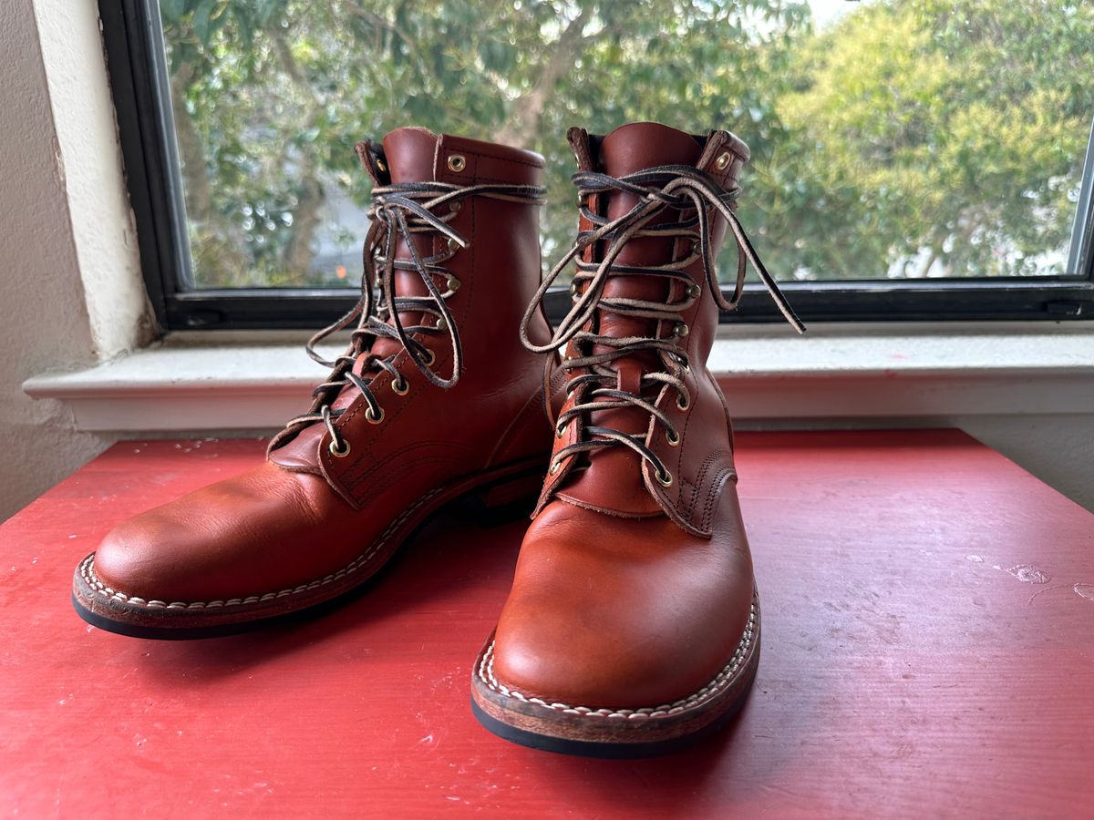 Photo by Braddahboots on October 14, 2025 of the Nicks Handmade Boots Nicks MTO in Wickett & Craig Natural Double Stuffed.