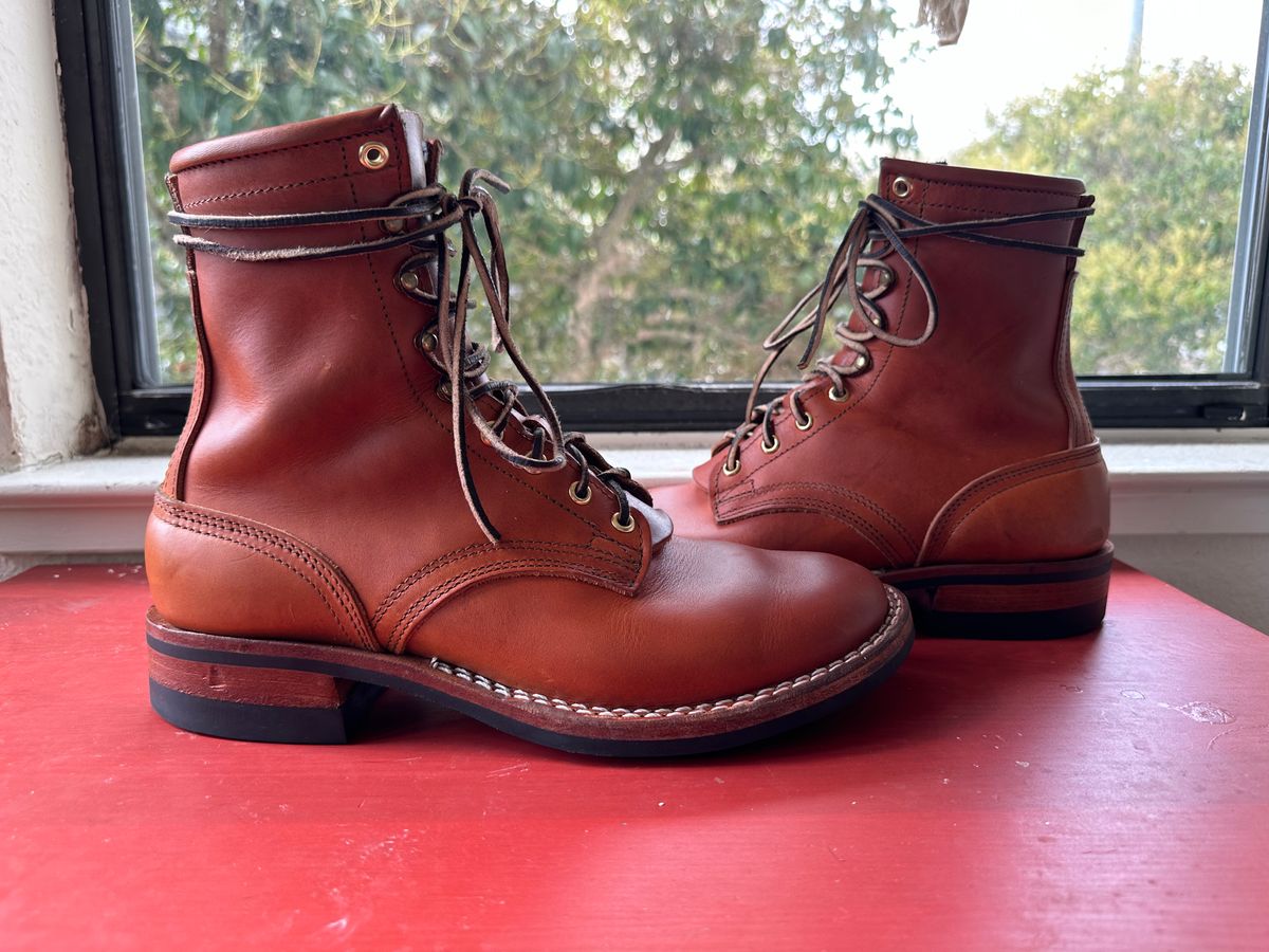 Photo by Braddahboots on October 14, 2025 of the Nicks Handmade Boots Nicks MTO in Wickett & Craig Natural Double Stuffed.