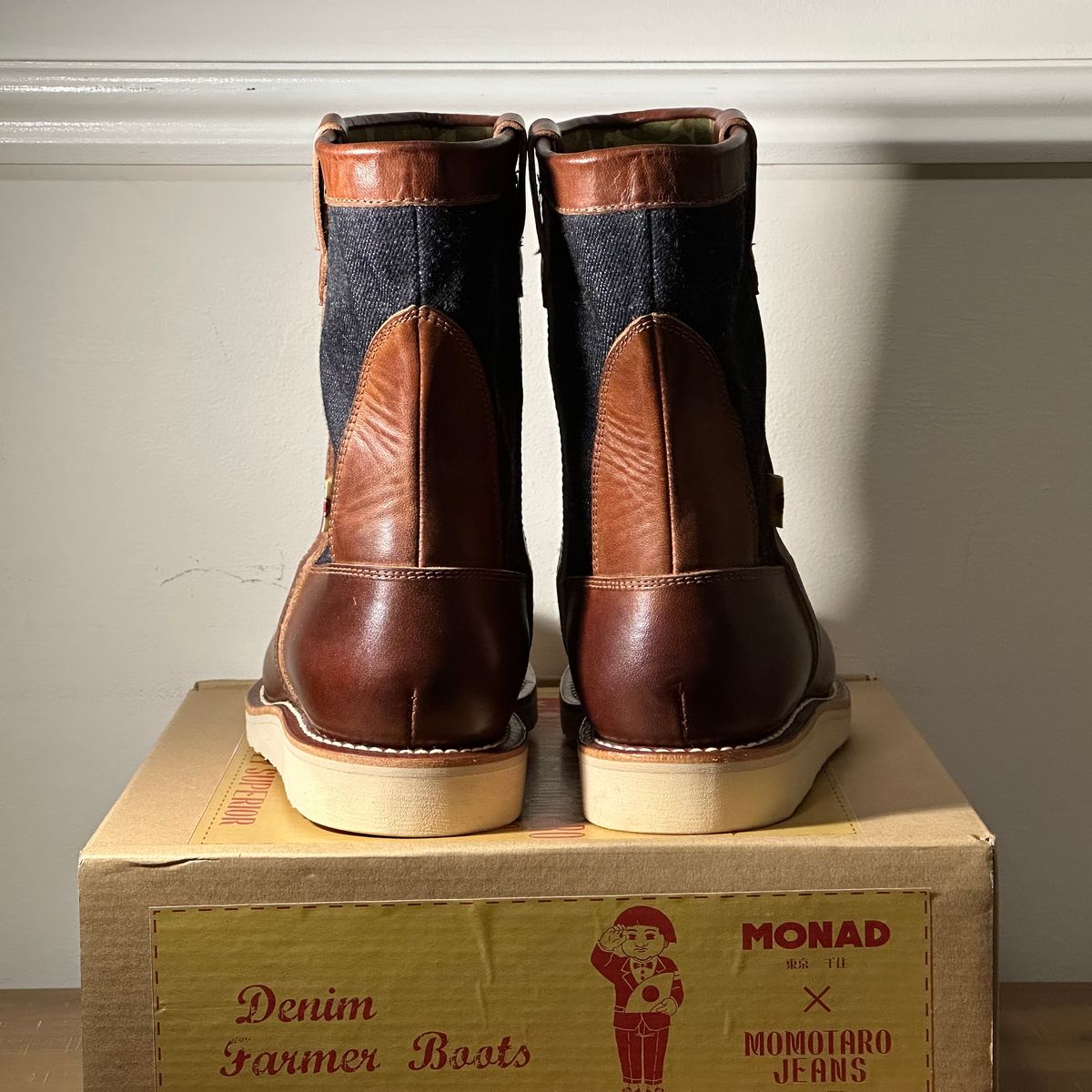 Photo by pMattp on October 1, 2024 of the Monad x Momotaro Farmer Boots in Tempesti Ambra Elbamatt Liscio.
