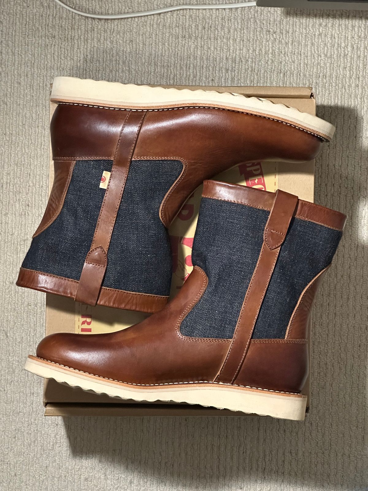 Photo by pMattp on October 1, 2024 of the Monad x Momotaro Farmer Boots in Tempesti Ambra Elbamatt Liscio.