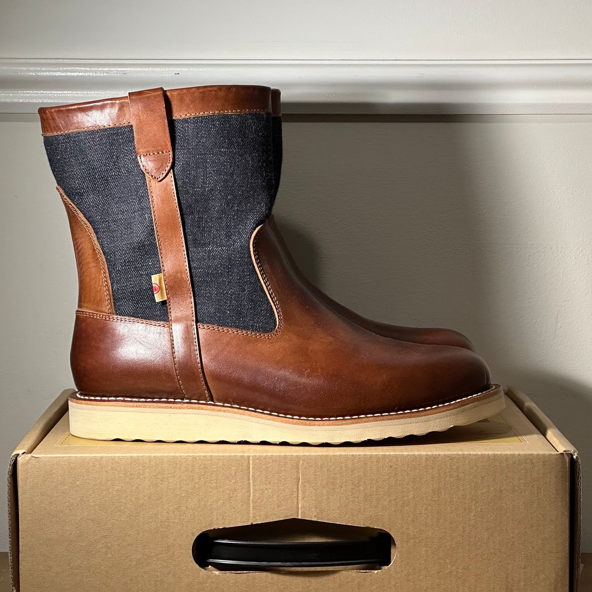 Photo by pMattp on October 1, 2024 of the Monad x Momotaro Farmer Boots in Tempesti Ambra Elbamatt Liscio.