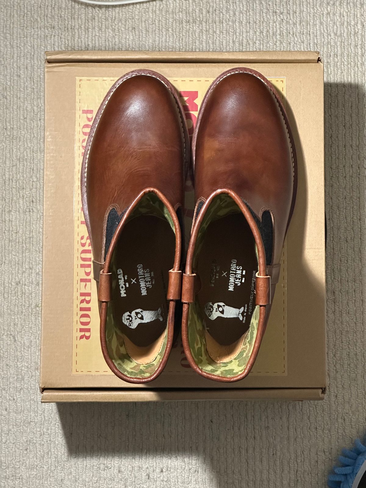 Photo by pMattp on October 1, 2024 of the Monad x Momotaro Farmer Boots in Tempesti Ambra Elbamatt Liscio.