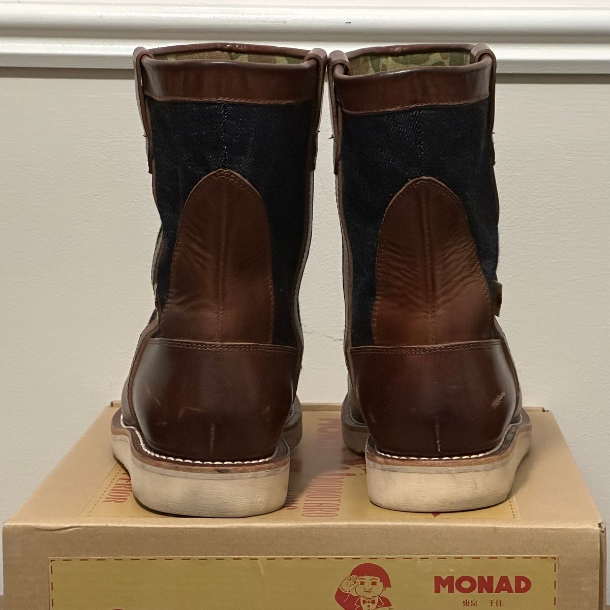 Photo by pMattp on November 5, 2024 of the Monad x Momotaro Farmer Boots in Tempesti Ambra Elbamatt Liscio.