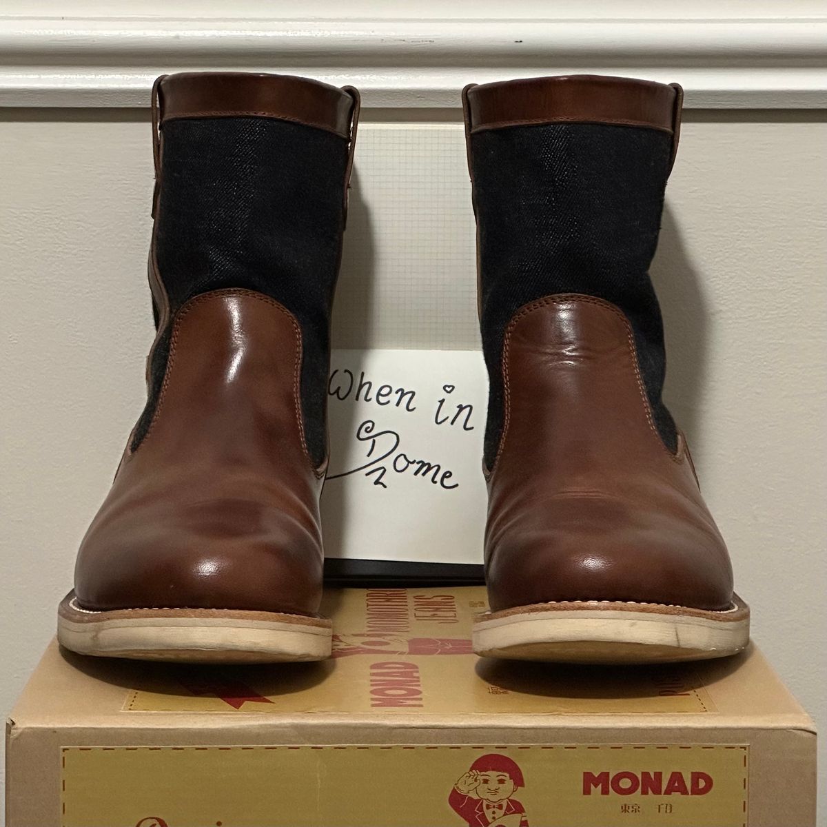 Photo by pMattp on November 5, 2024 of the Monad x Momotaro Farmer Boots in Tempesti Ambra Elbamatt Liscio.