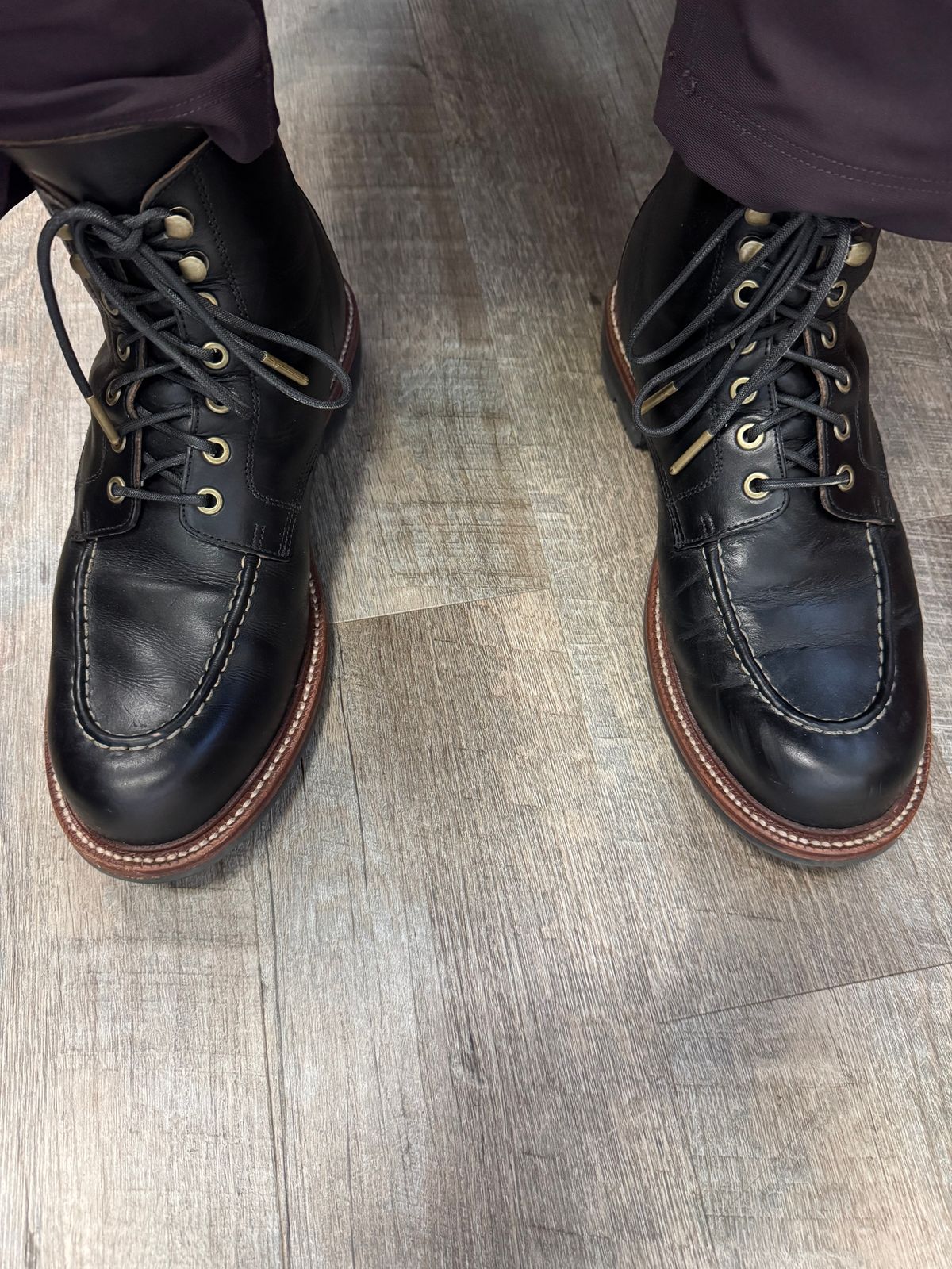 Photo by jmcmillan on February 10, 2025 of the Grant Stone Brass Boot in Horween Black Chromexcel.