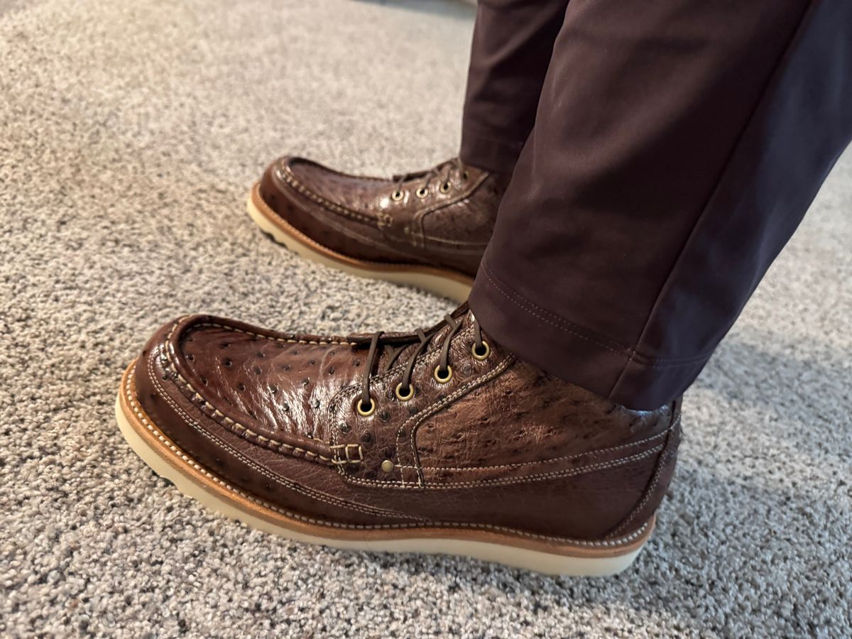 Photo by jmcmillan on July 10, 2025 of the Grant Stone Field Boot in Kango Tobacco Ostrich.