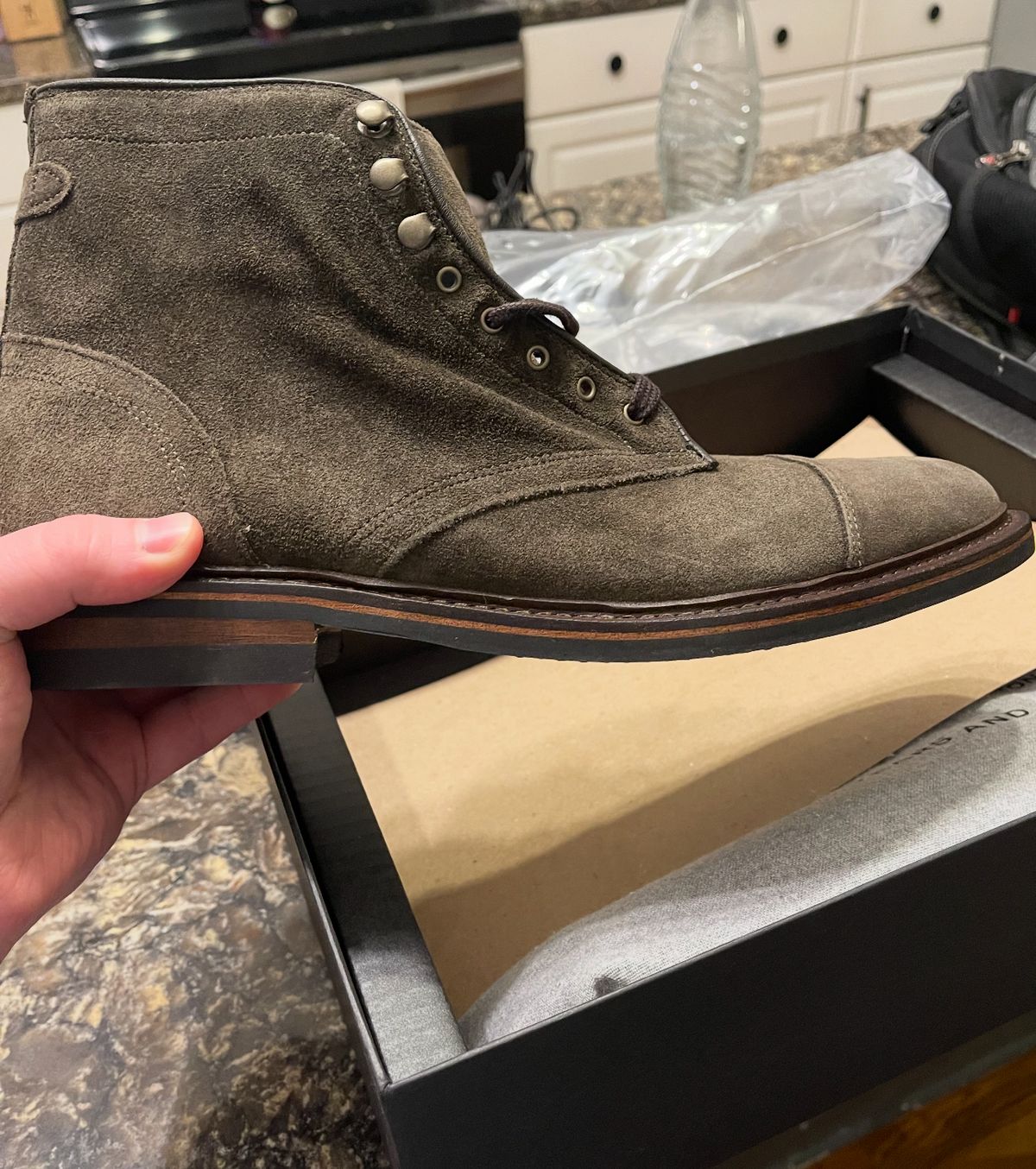 Photo by jmcmillan on January 24, 2024 of the Allen Edmonds Landon Cap-Toe in C.F. Stead Loden Janus Calf Suede.