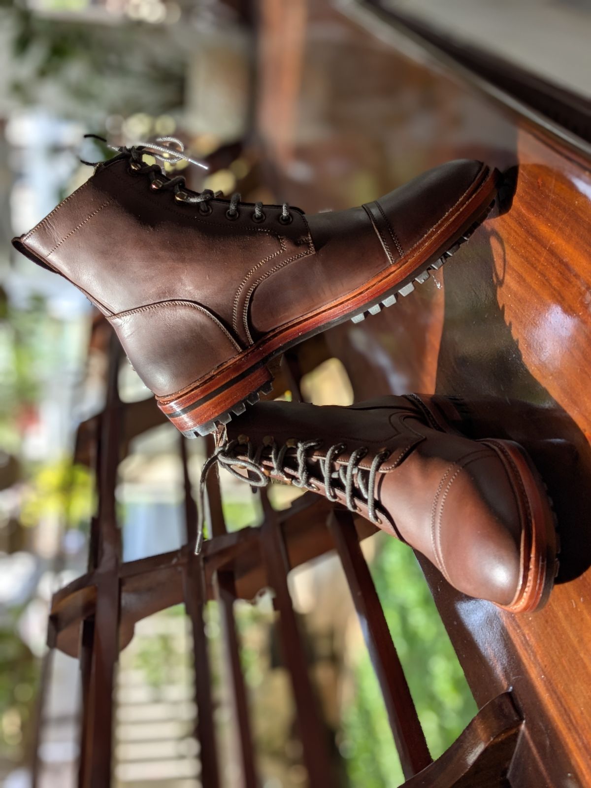 Photo by Adwait on December 18, 2025 of the Blkbrd Shoemaker Dixon Cap Toe Derby Boot in Brown Pull Up.