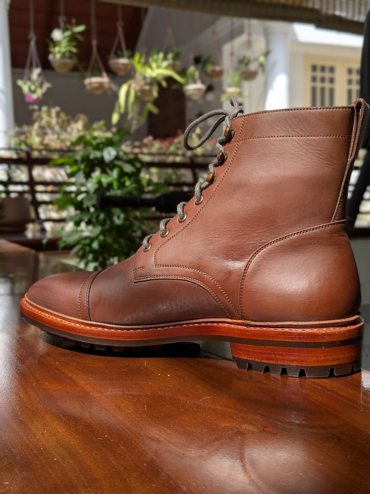 Photo by Adwait on December 18, 2025 of the Blkbrd Shoemaker Dixon Cap Toe Derby Boot in Brown Pull Up.