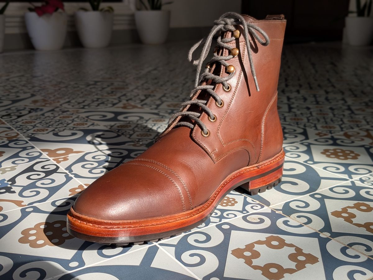 Photo by Adwait on December 20, 2025 of the Blkbrd Shoemaker Dixon Cap Toe Derby Boot in Brown Pull Up.