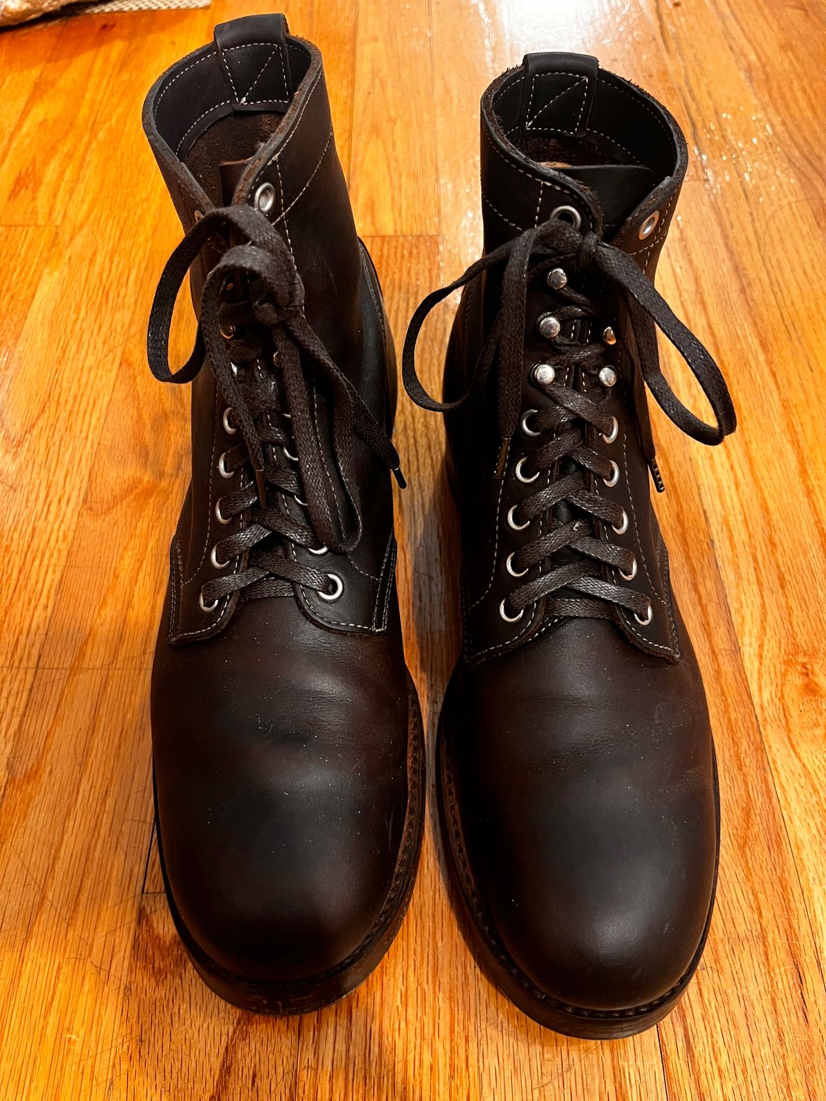 Photo by Kaz on May 17, 2025 of the Clinch Lace Up Boots in C.F. Stead Dark Brown Kudu.
