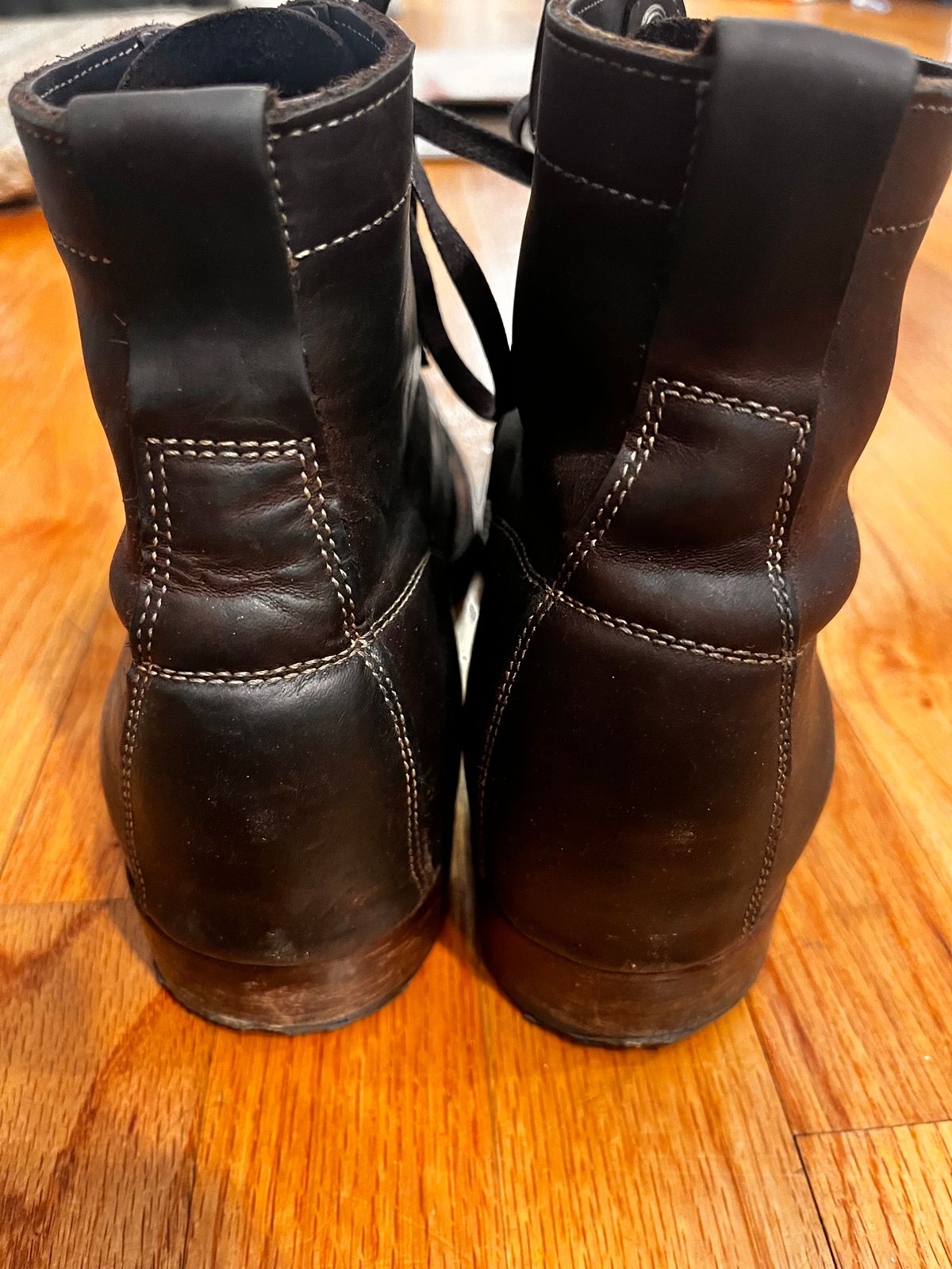 Photo by Kaz on May 17, 2025 of the Clinch Lace Up Boots in C.F. Stead Dark Brown Kudu.