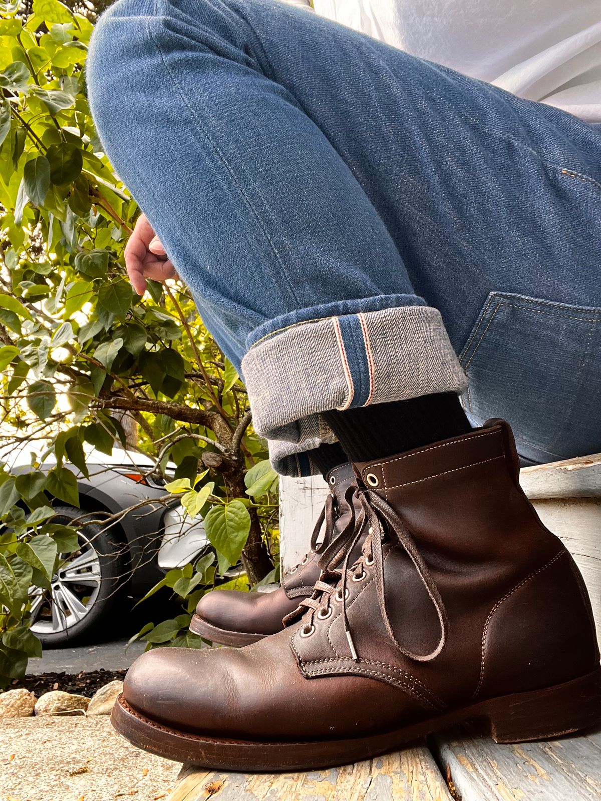 Photo by Kaz on May 19, 2025 of the Clinch Lace Up Boots in C.F. Stead Dark Brown Kudu.