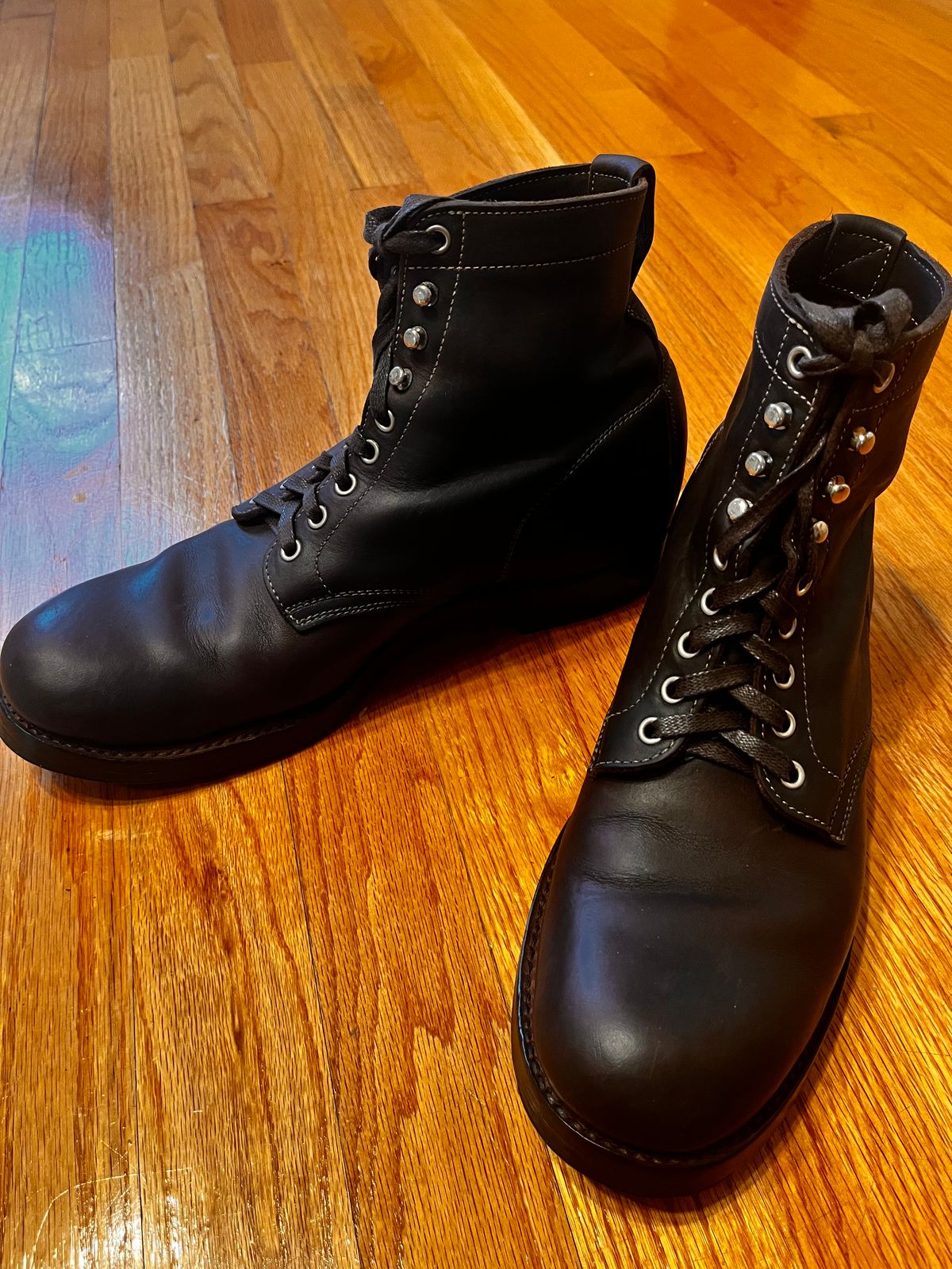 Photo by Kaz on August 3, 2025 of the Clinch Lace Up Boots in C.F. Stead Dark Brown Kudu.