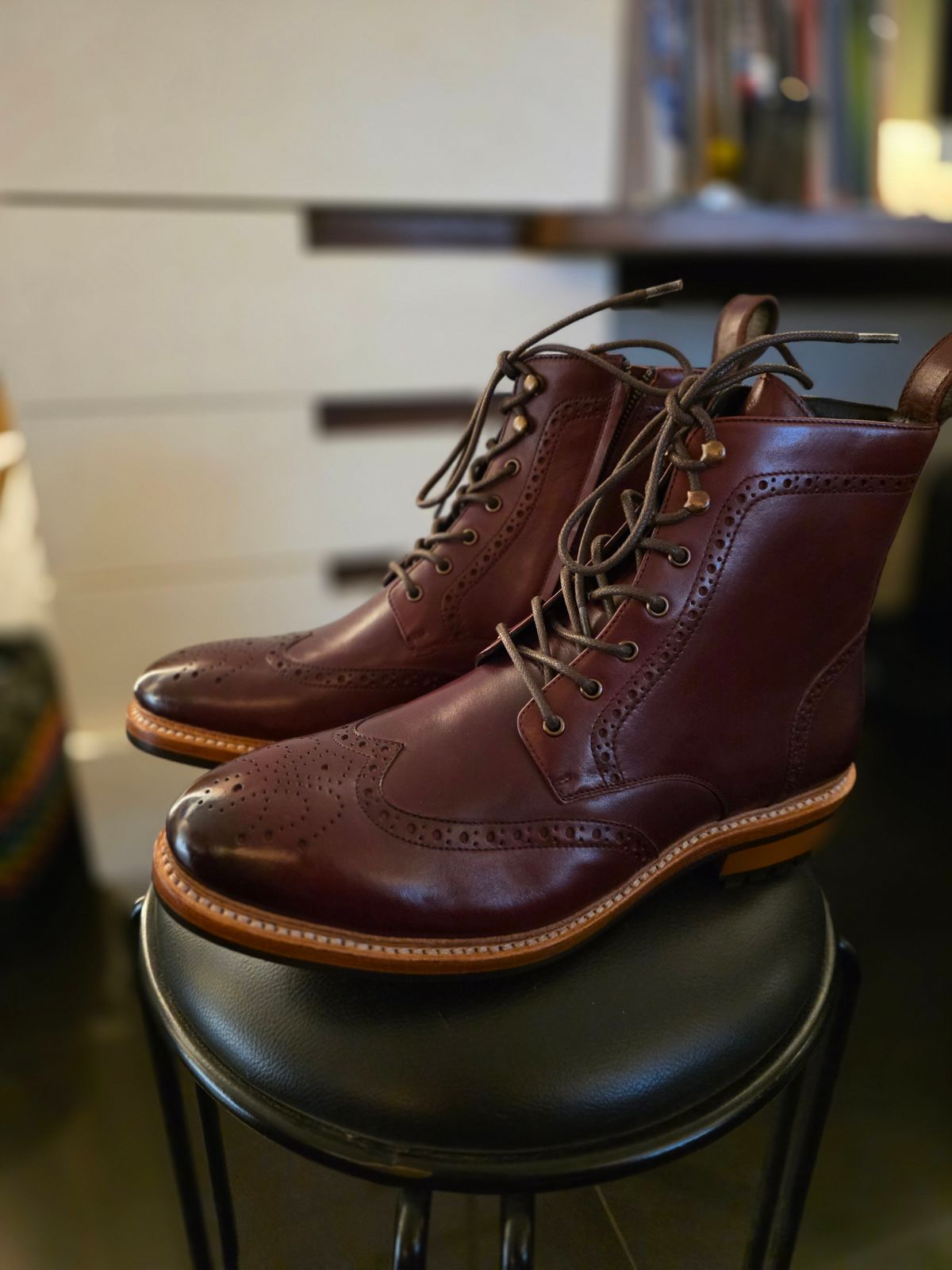 Photo by vishhh on September 6, 2025 of the Kozasko Goodyear Welted Burgundy Brogue Zipper Boot in 1.7mm Brown Oil Pull Up Leather.
