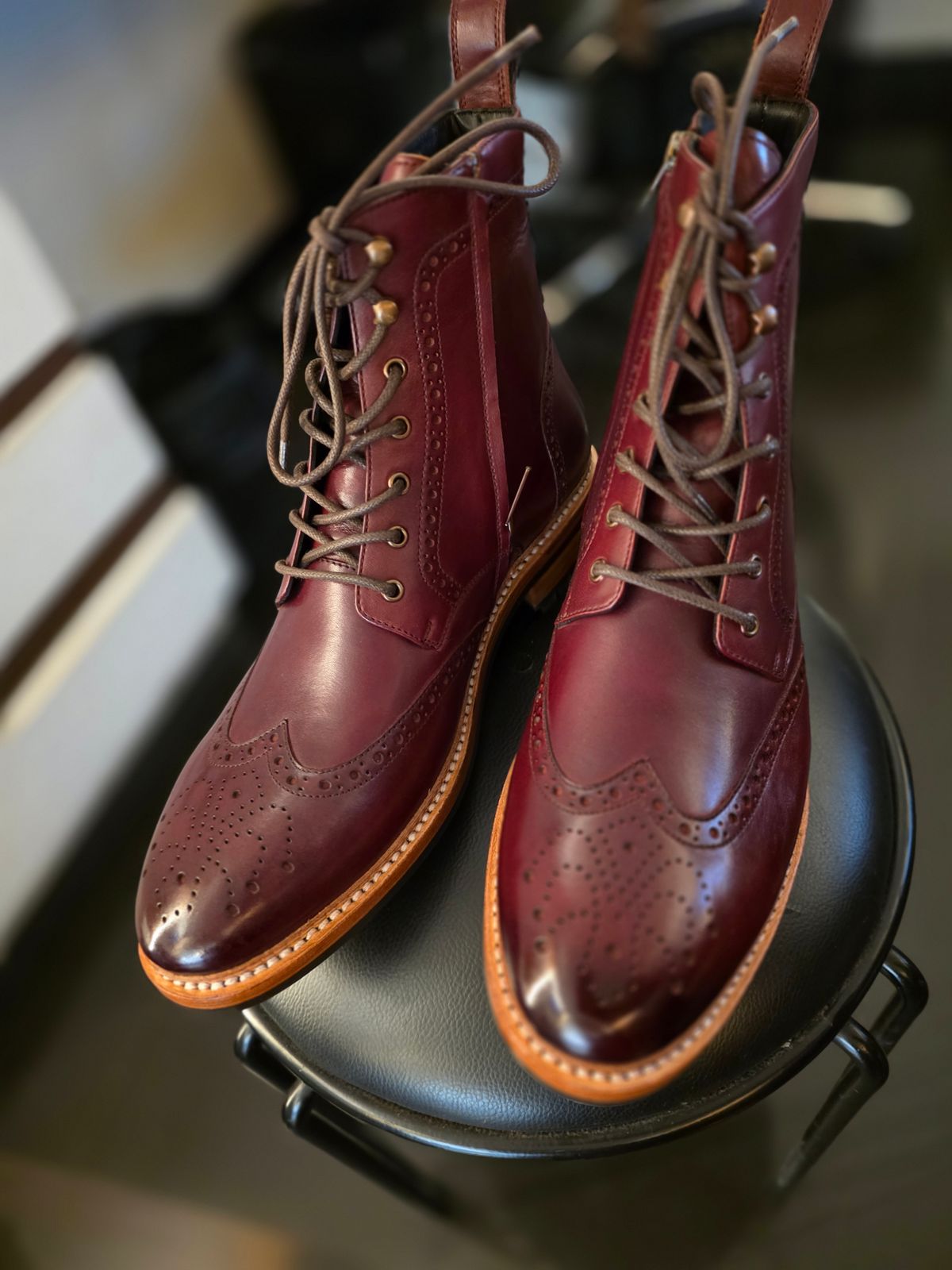 Photo by vishhh on September 6, 2025 of the Kozasko Goodyear Welted Burgundy Brogue Zipper Boot in 1.7mm Brown Oil Pull Up Leather.