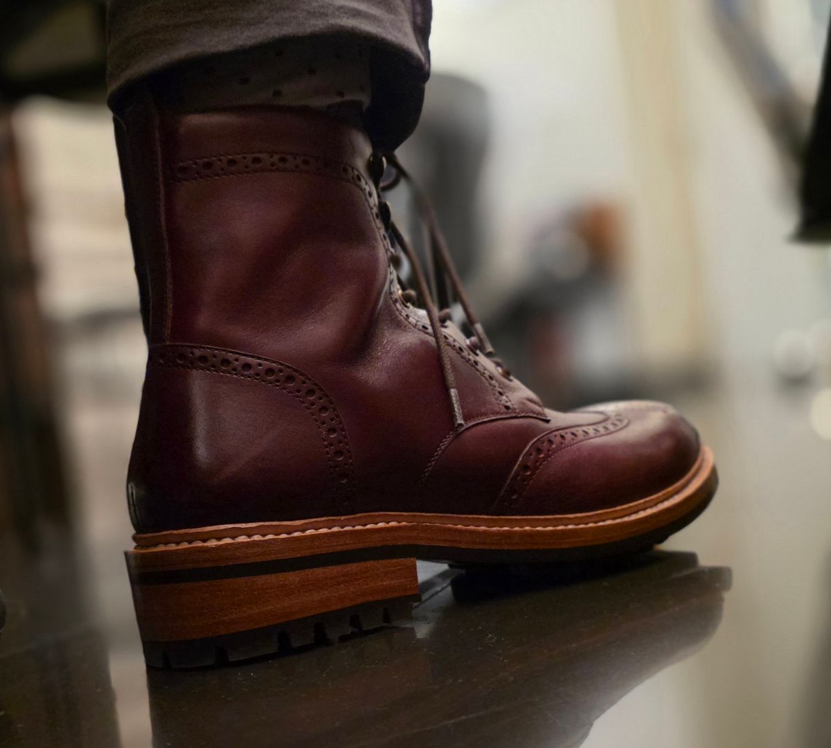 Photo by vishhh on September 6, 2025 of the Kozasko Goodyear Welted Burgundy Brogue Zipper Boot in 1.7mm Brown Oil Pull Up Leather.
