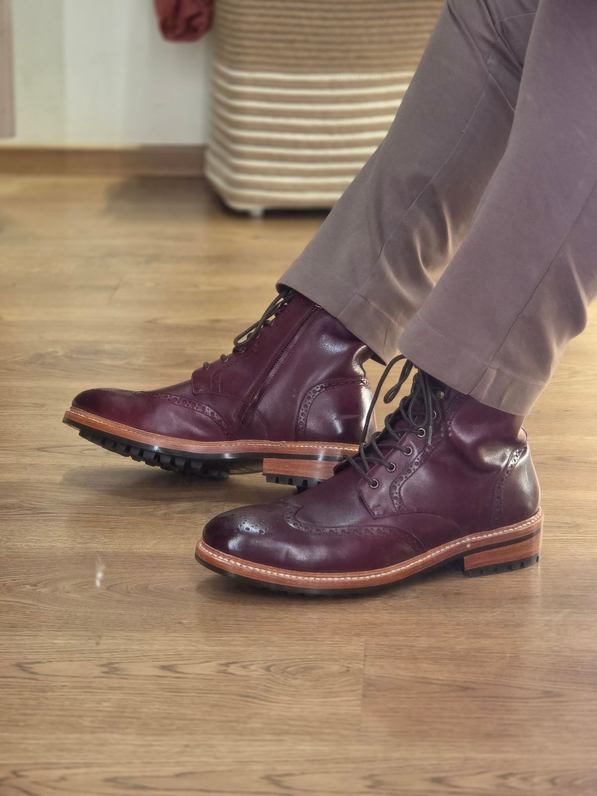 Photo by vishhh on September 19, 2025 of the Kozasko Goodyear Welted Burgundy Brogue Zipper Boot in 1.7mm Brown Oil Pull Up Leather.
