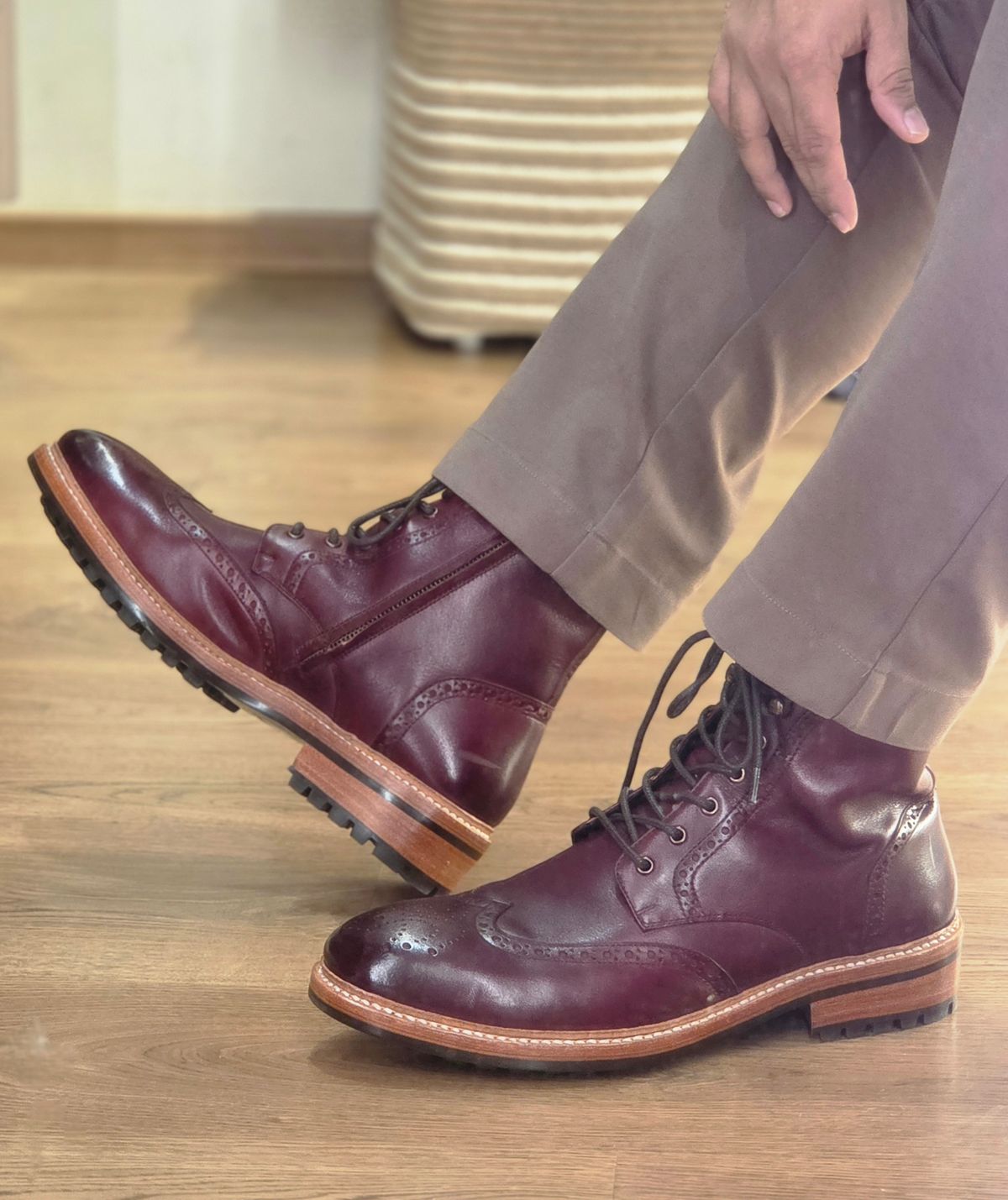 Photo by vishhh on September 19, 2025 of the Kozasko Goodyear Welted Burgundy Brogue Zipper Boot in 1.7mm Brown Oil Pull Up Leather.