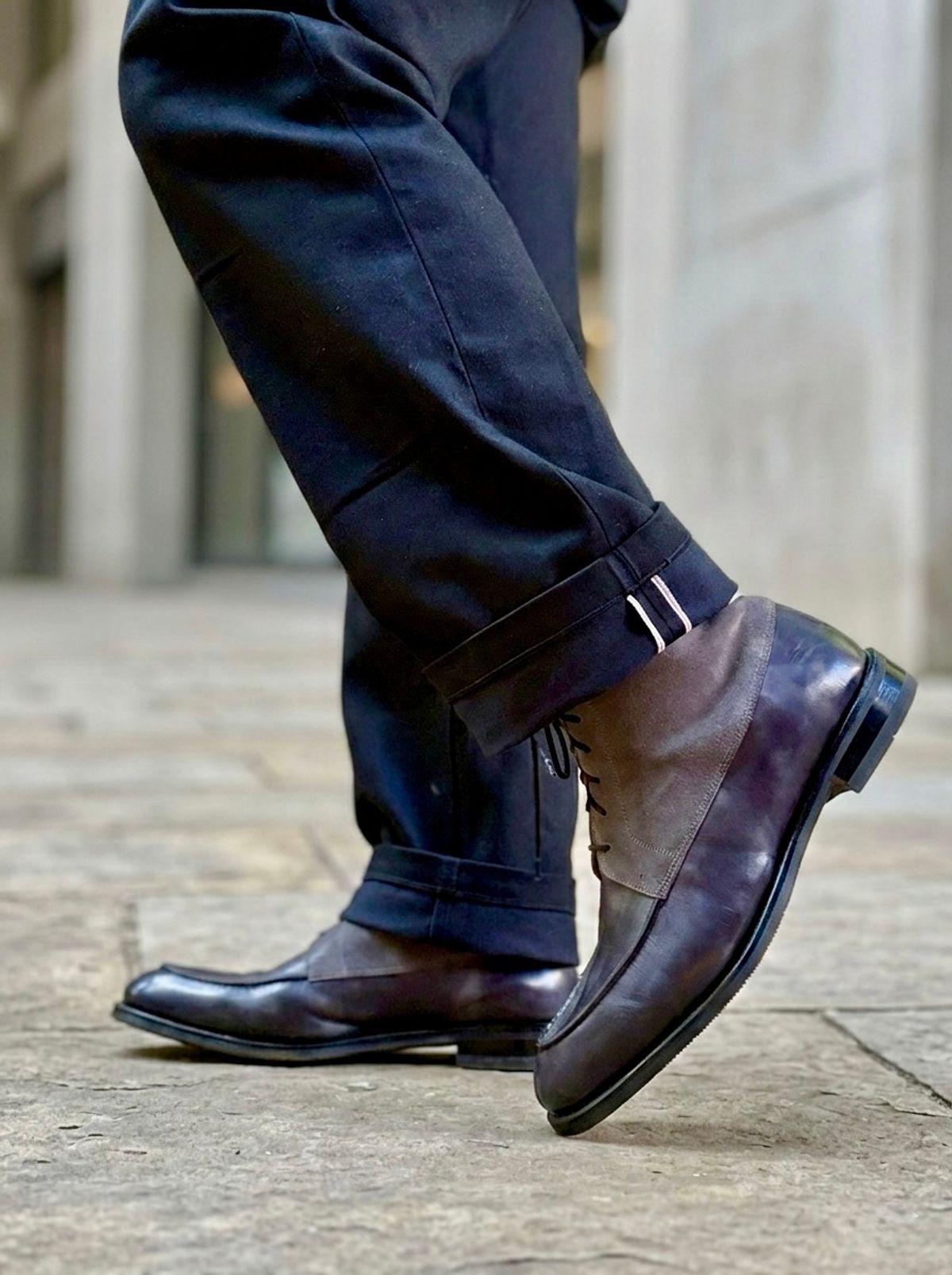 Photo by vishhh on March 4, 2026 of the Bridlen Moc Boots in C.F. Stead Fossil Suede & Black Museum Calf.
