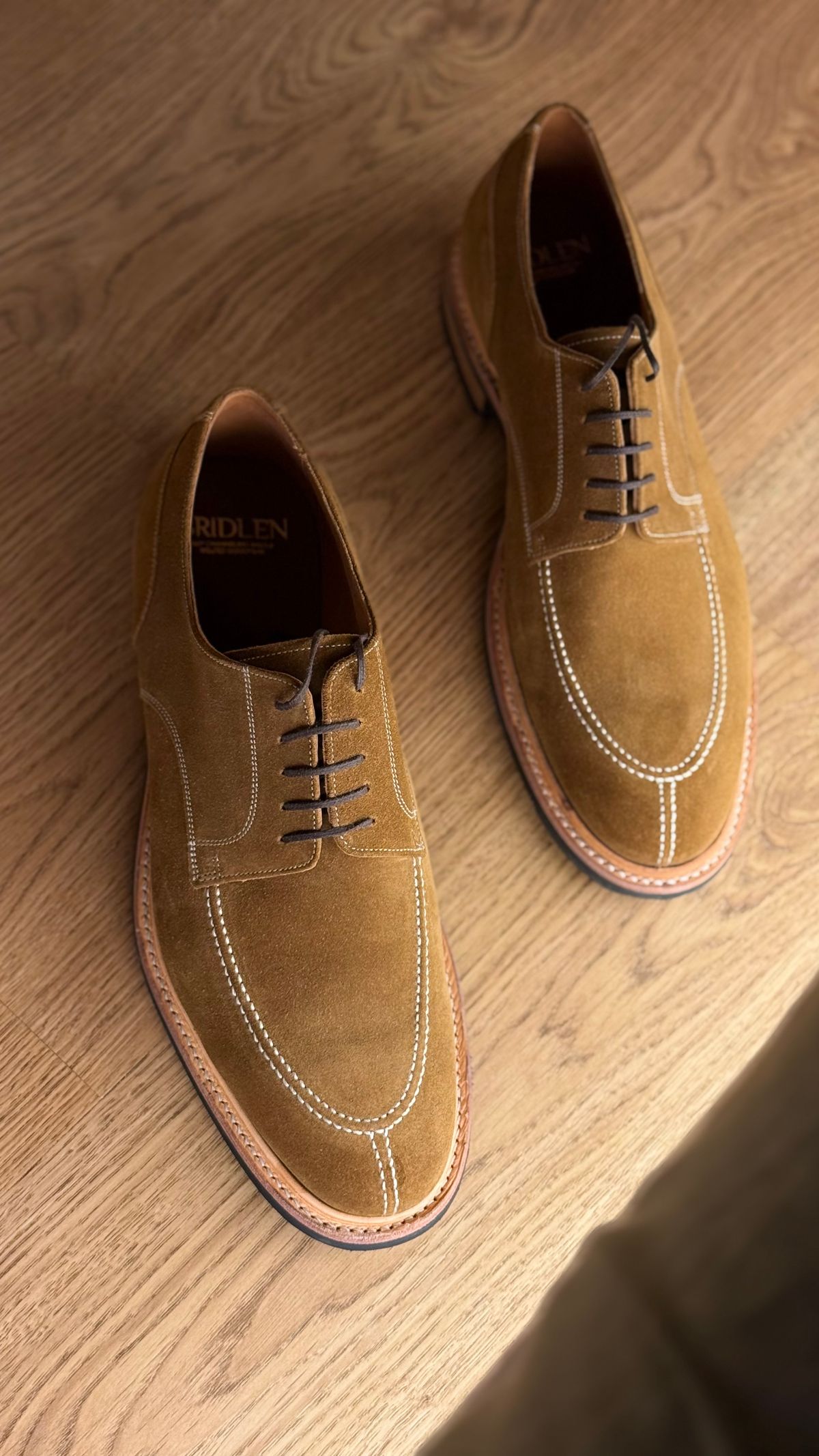 Photo by vishhh on July 2, 2026 of the Bridlen Bridlen / Y Tip Derby in C.F. Stead Repello Calf Suede Copper.