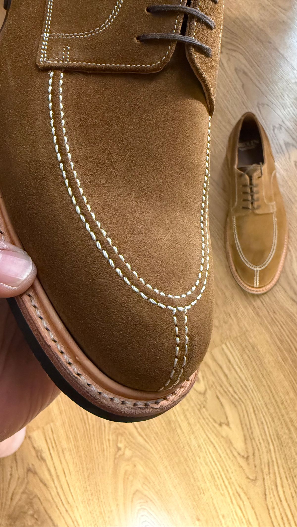 Photo by vishhh on July 2, 2026 of the Bridlen Bridlen / Y Tip Derby in C.F. Stead Repello Calf Suede Copper.