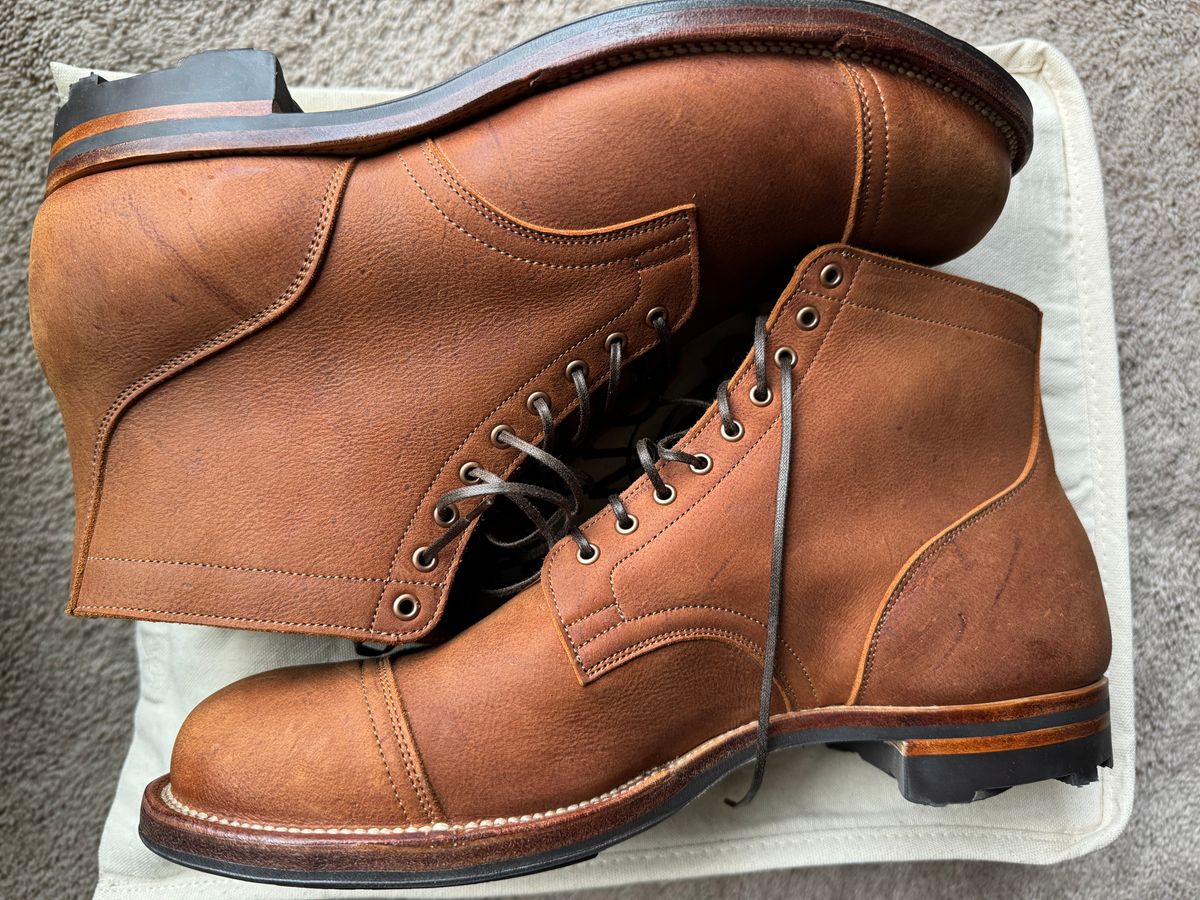 Photo by KingSprinkle on January 1, 2025 of the Viberg Service Boot in C.F. Stead Nutmeg Waxed Kudu.
