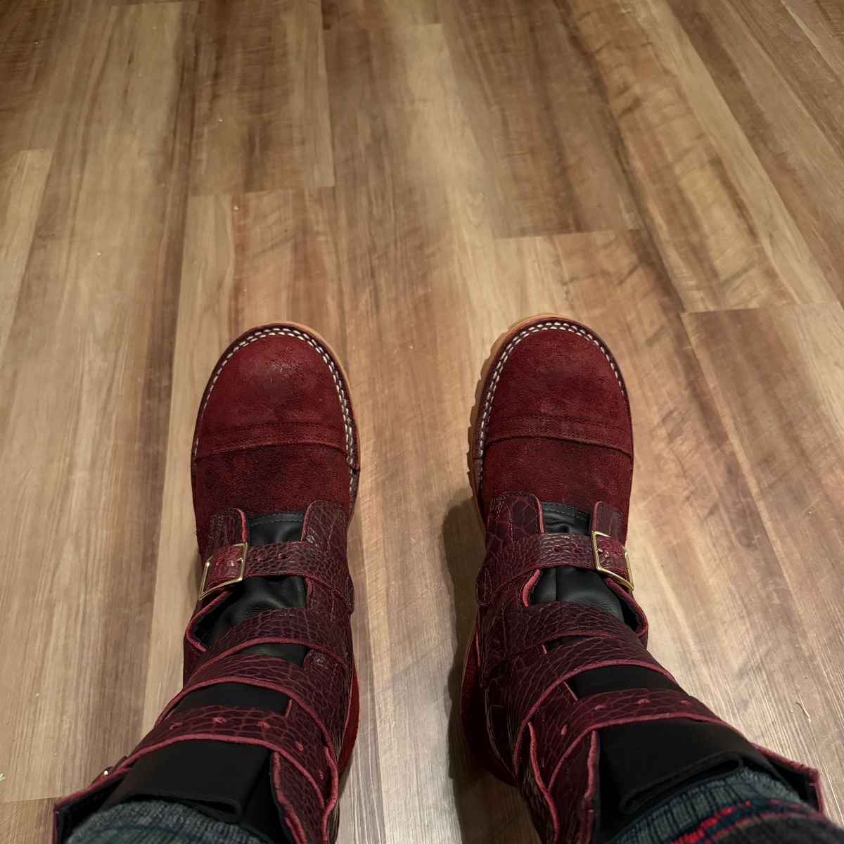 Photo by houstonml on December 22, 2025 of the Nicks TankerPro in Law Tanning Oxblood Roughout Shruken Bison & Law Tanning Oxblood Smooth Shruken Bison.