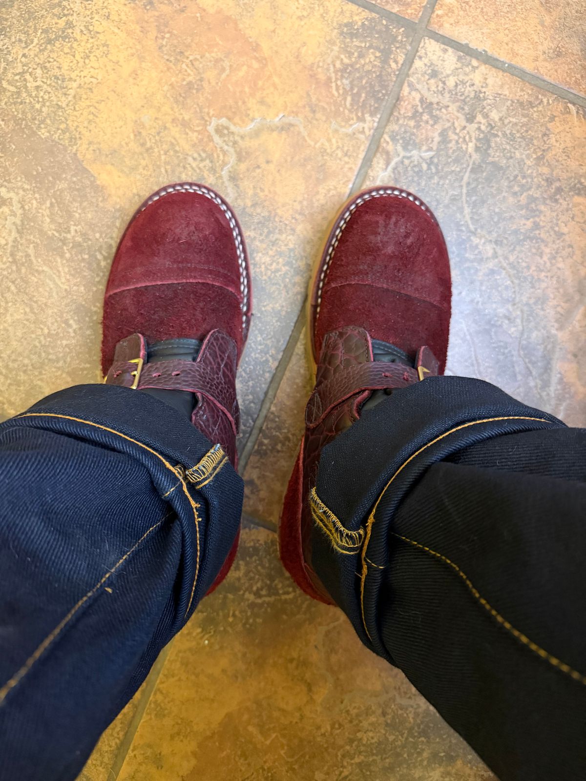 Photo by houstonml on January 1, 2026 of the Nicks TankerPro in Law Tanning Oxblood Roughout Shruken Bison & Law Tanning Oxblood Smooth Shruken Bison.