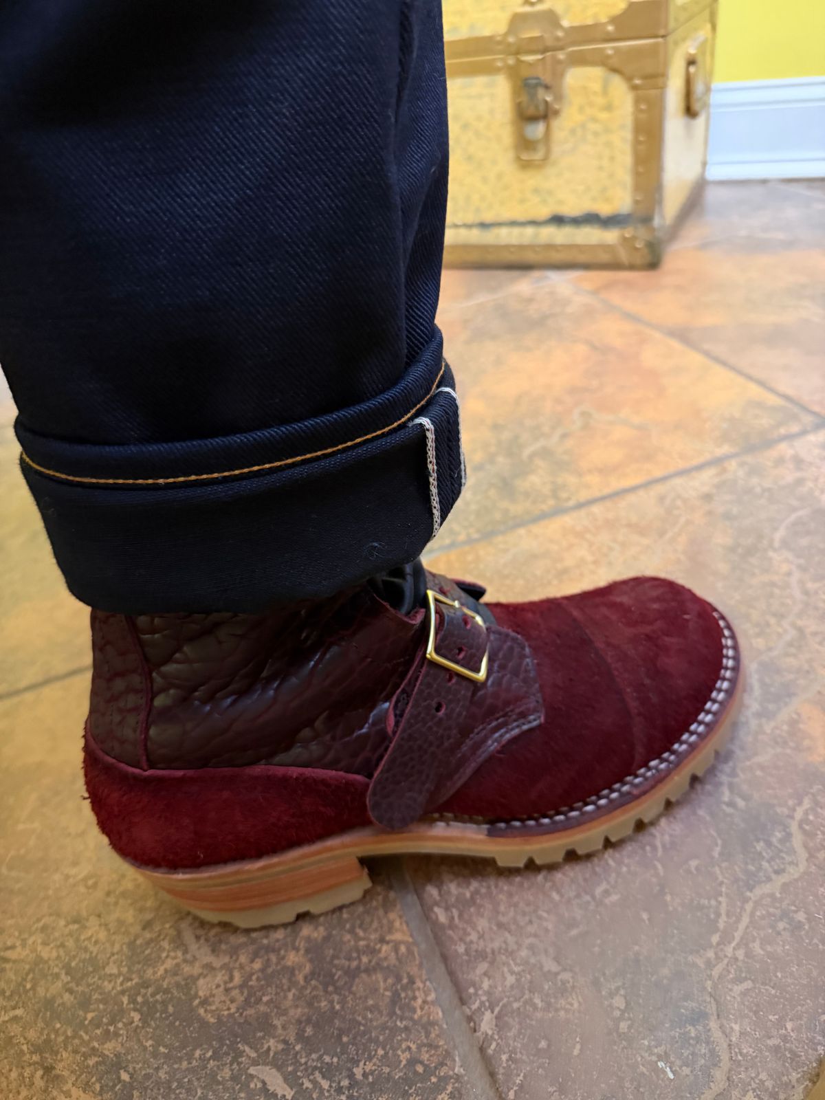 Photo by houstonml on January 1, 2026 of the Nicks TankerPro in Law Tanning Oxblood Roughout Shruken Bison & Law Tanning Oxblood Smooth Shruken Bison.