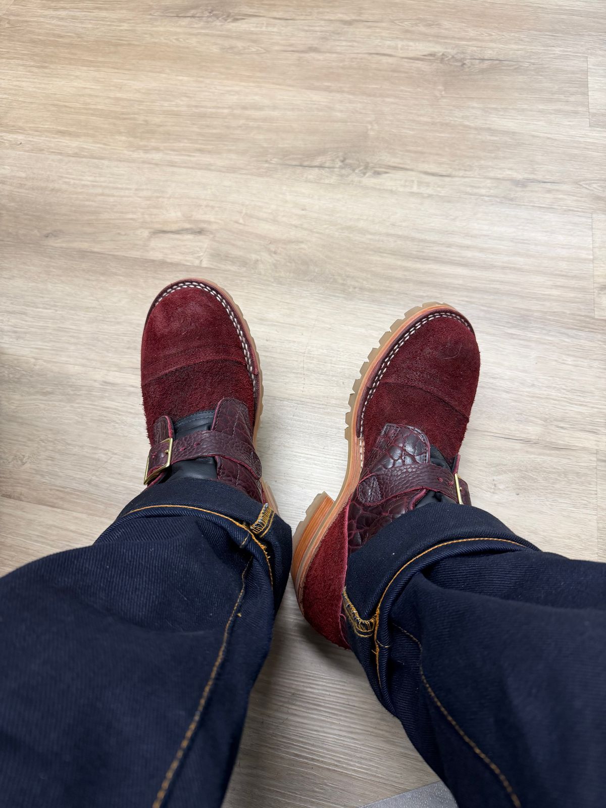 Photo by houstonml on January 5, 2026 of the Nicks TankerPro in Law Tanning Oxblood Roughout Shruken Bison & Law Tanning Oxblood Smooth Shruken Bison.