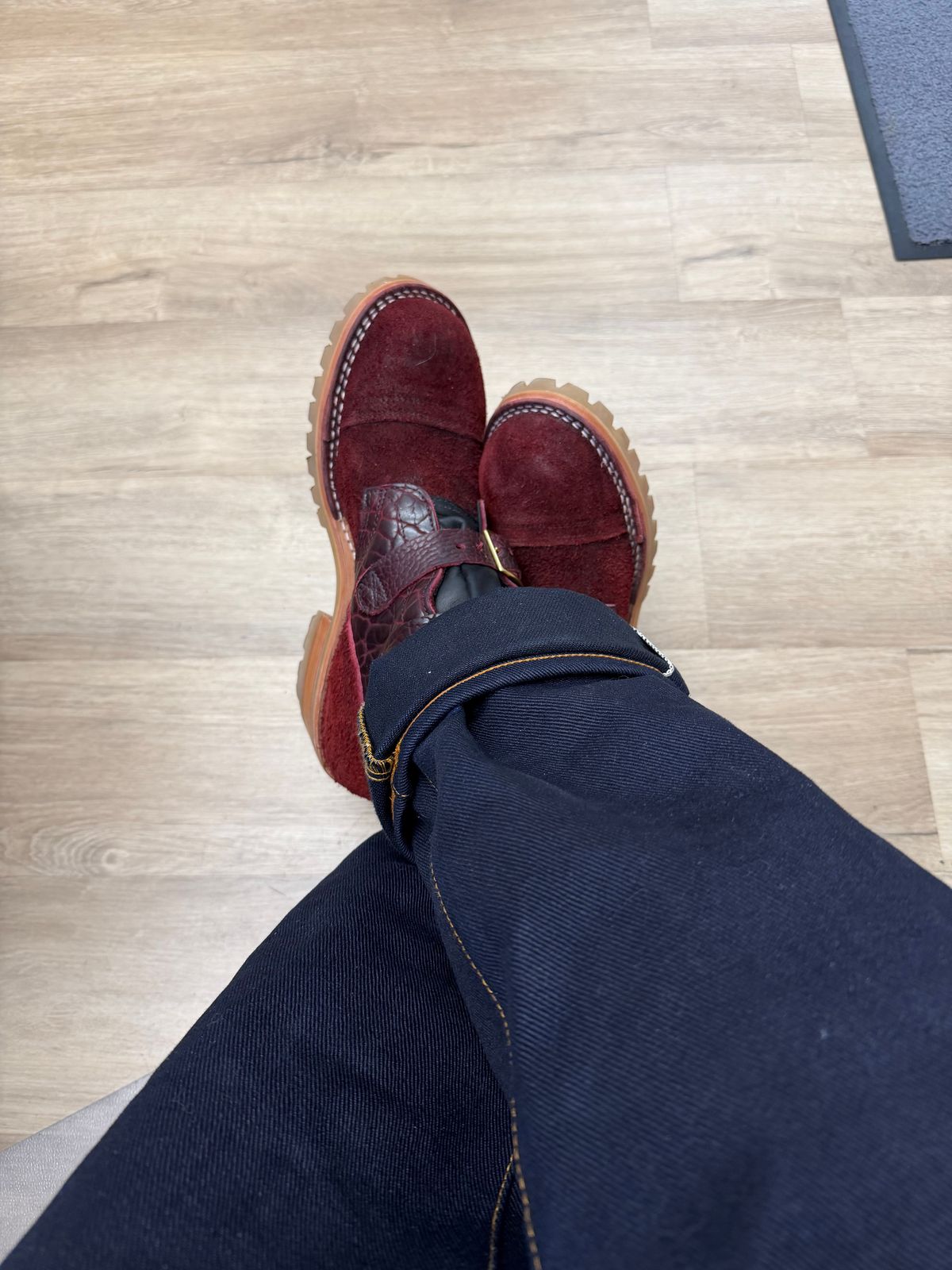 Photo by houstonml on January 5, 2026 of the Nicks TankerPro in Law Tanning Oxblood Roughout Shruken Bison & Law Tanning Oxblood Smooth Shruken Bison.