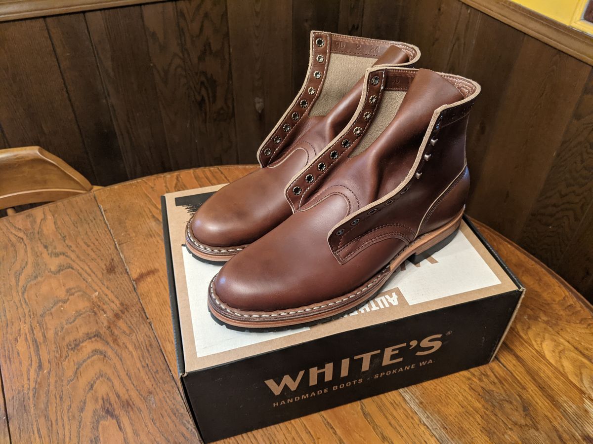 Photo by evsnova74 on April 25, 2024 of the White's MP-Sherman Plain Toe in Horween British Tan Chromexcel.