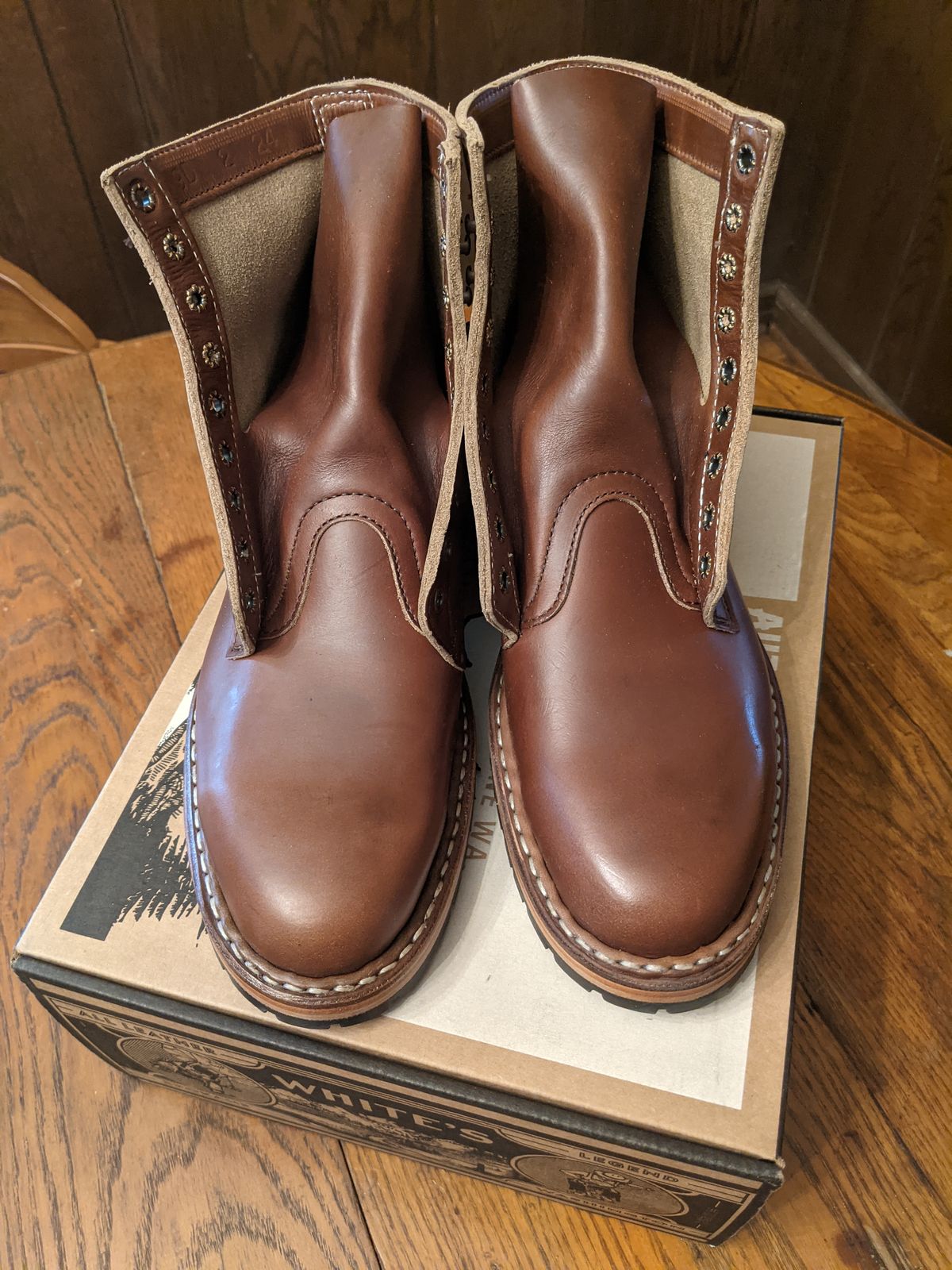 Photo by evsnova74 on April 25, 2024 of the White's MP-Sherman Plain Toe in Horween British Tan Chromexcel.