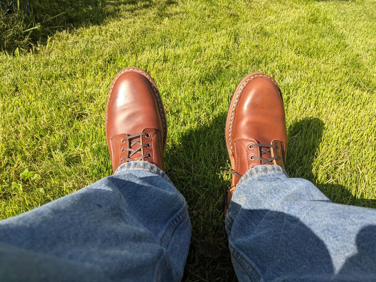 Photo by evsnova74 on April 25, 2024 of the White's MP-Sherman Plain Toe in Horween British Tan Chromexcel.