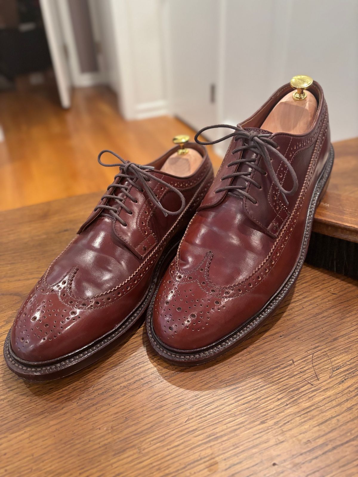Photo by Teacore_Lore on December 29, 2024 of the Grant Stone Longwing in Horween Garnet Shell Cordovan.