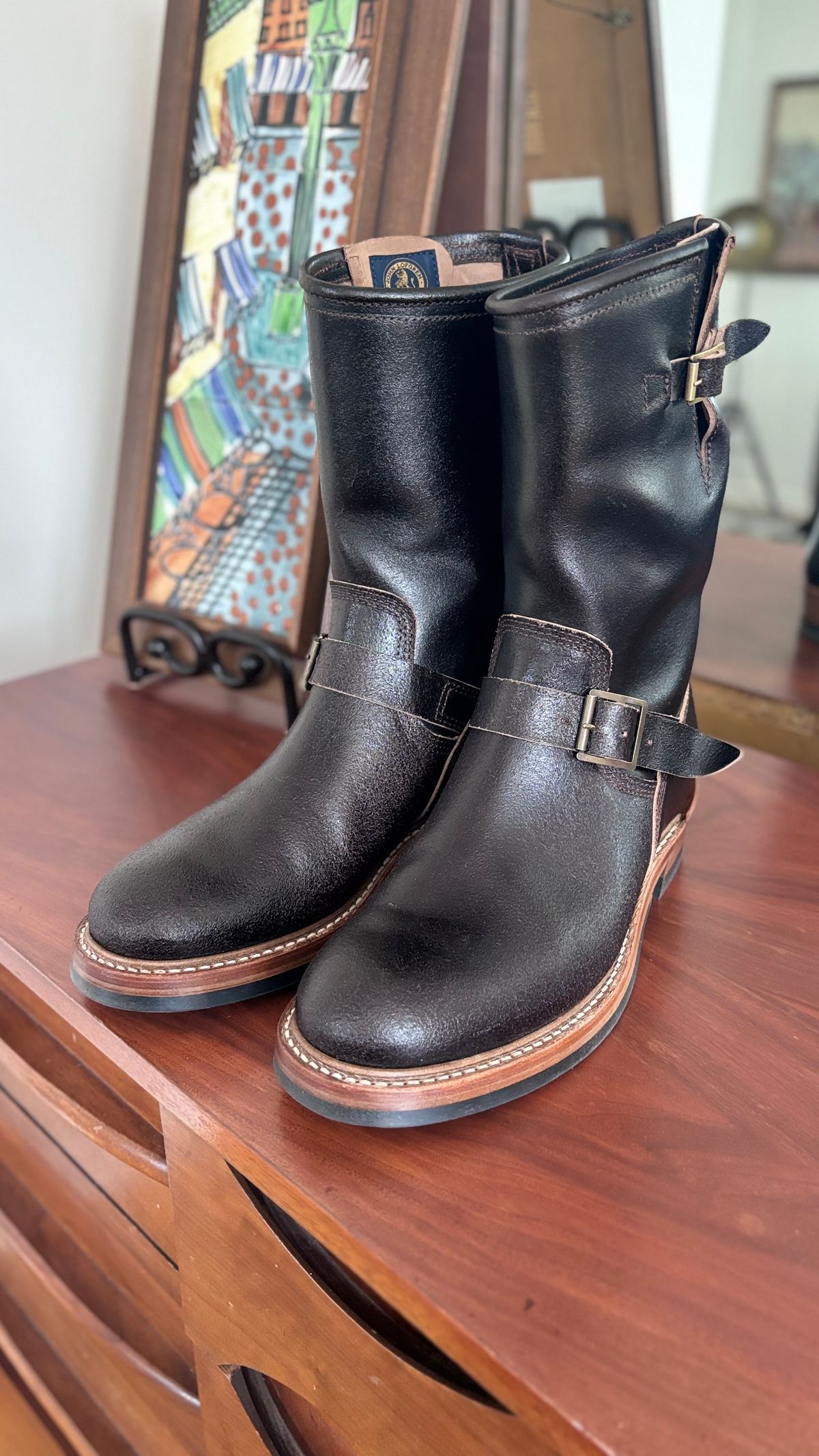 Photo by Teacore_Lore on January 14, 2025 of the John Lofgren Wabash Engineer Boots in Horween Brown Waxed Flesh.