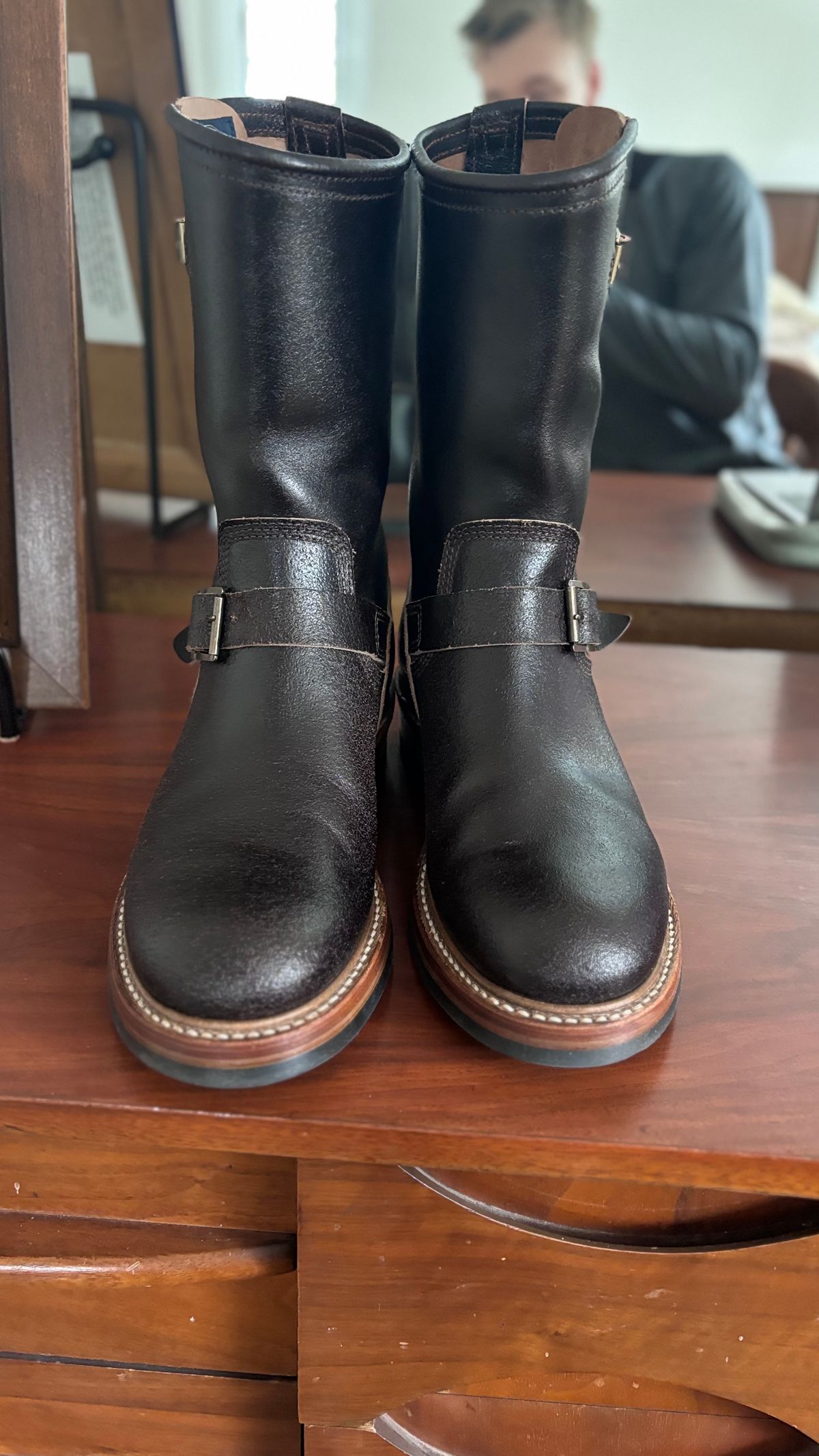 Photo by Teacore_Lore on January 14, 2025 of the John Lofgren Wabash Engineer Boots in Horween Brown Waxed Flesh.