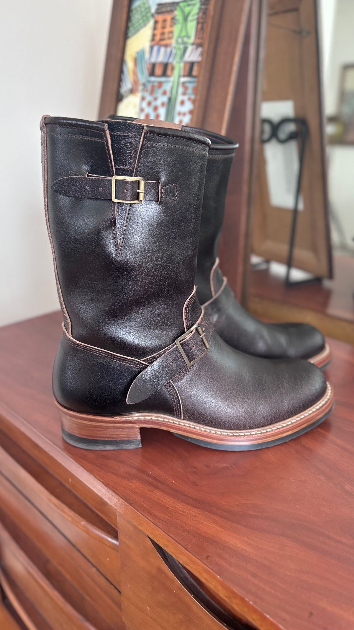 Photo by Teacore_Lore on January 14, 2025 of the John Lofgren Wabash Engineer Boots in Horween Brown Waxed Flesh.