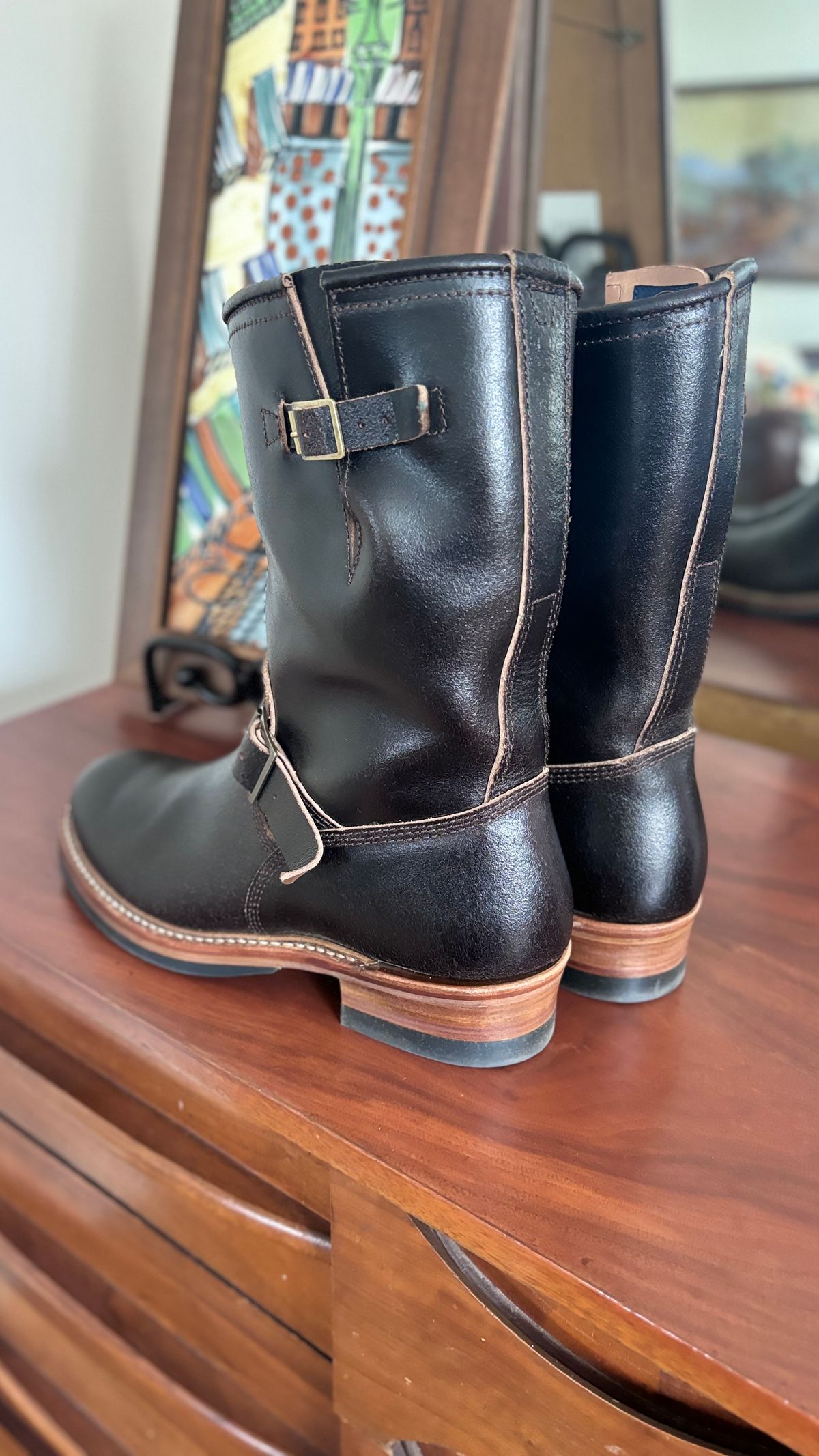 Photo by Teacore_Lore on January 14, 2025 of the John Lofgren Wabash Engineer Boots in Horween Brown Waxed Flesh.