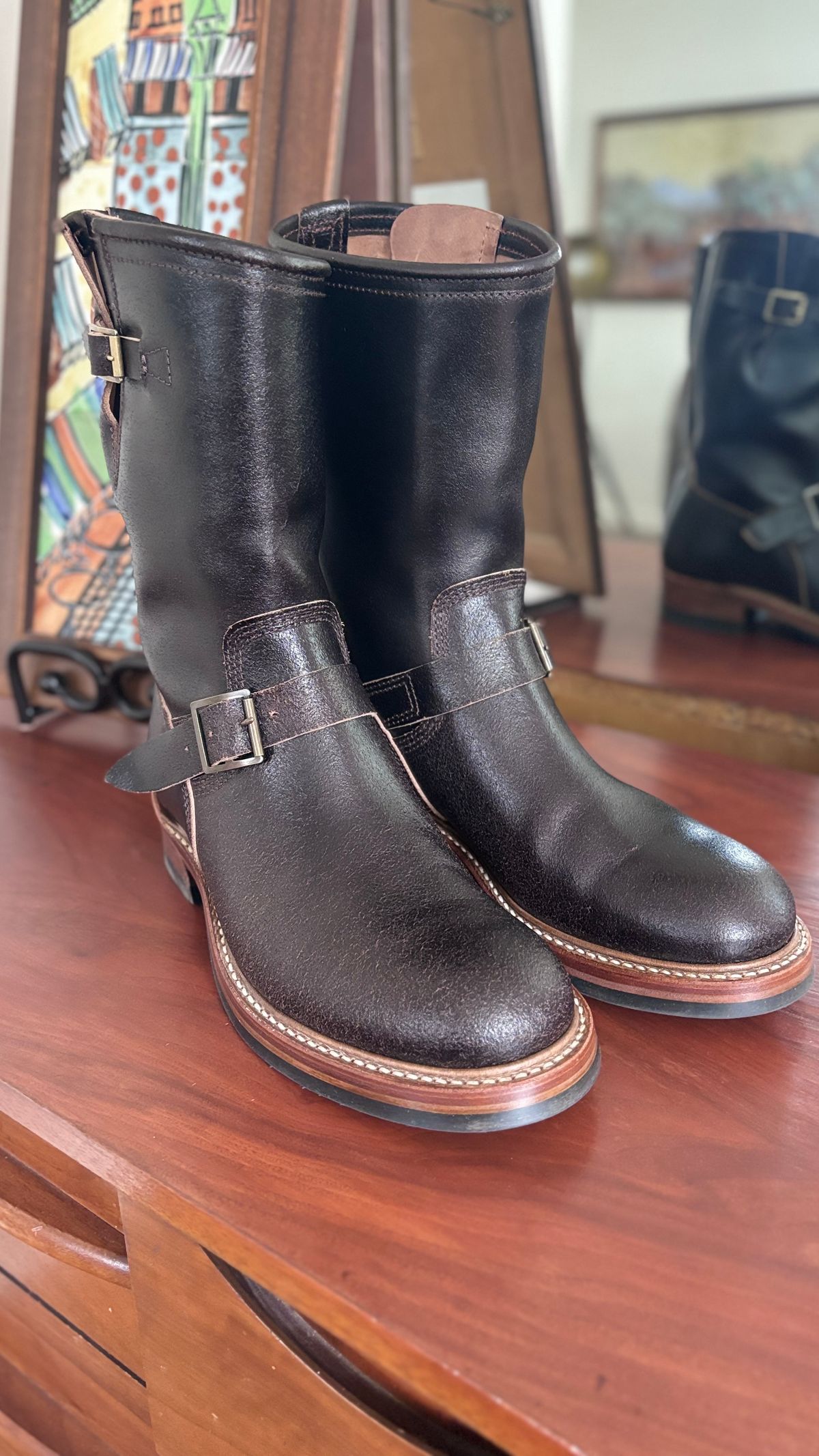 Photo by Teacore_Lore on January 14, 2025 of the John Lofgren Wabash Engineer Boots in Horween Brown Waxed Flesh.