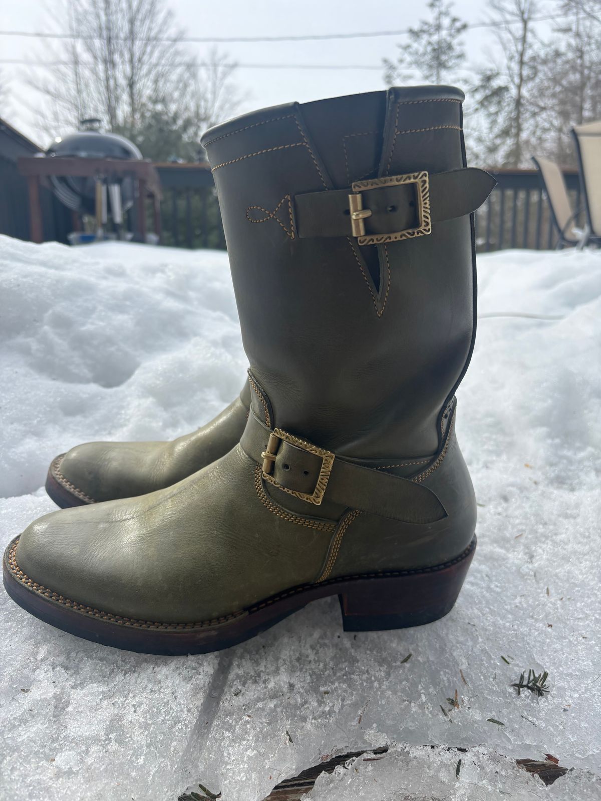 Photo by ohherewego on March 2, 2026 of the Fortis Boots Tapak 2.0 Engineer Boots in Indonesian Olive Pullup.